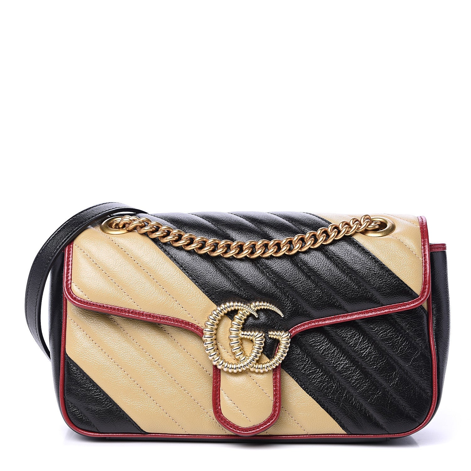 Gucci Vintage Effect Calfskin Matelasse Diagonal Striped Small Torchon GG Marmont Shoulder Bag Black Beige 1 of 7