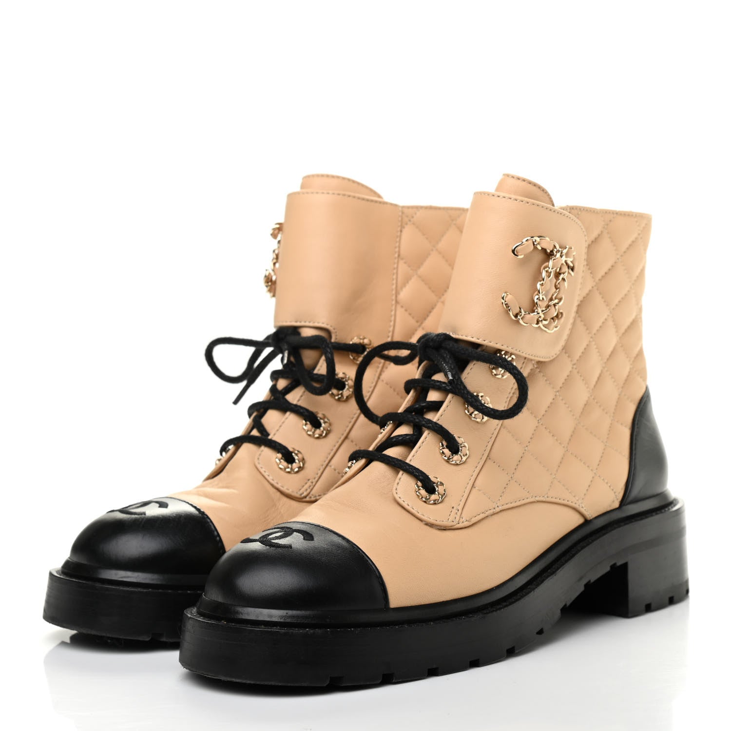 Chanel Lambskin Calfskin Quilted Lace Up Combat Boots 39 Beige Black 3 of 7