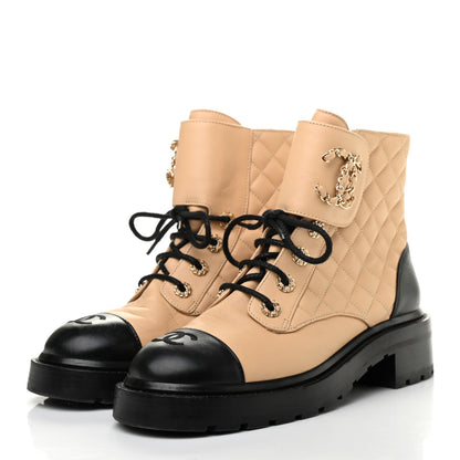 Chanel Lambskin Calfskin Quilted Lace Up Combat Boots 39 Beige Black 3 of 7