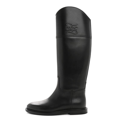 Fendi Vitello Karligraphy Embossed Tall Riding Boots 36 Black 1 of 8