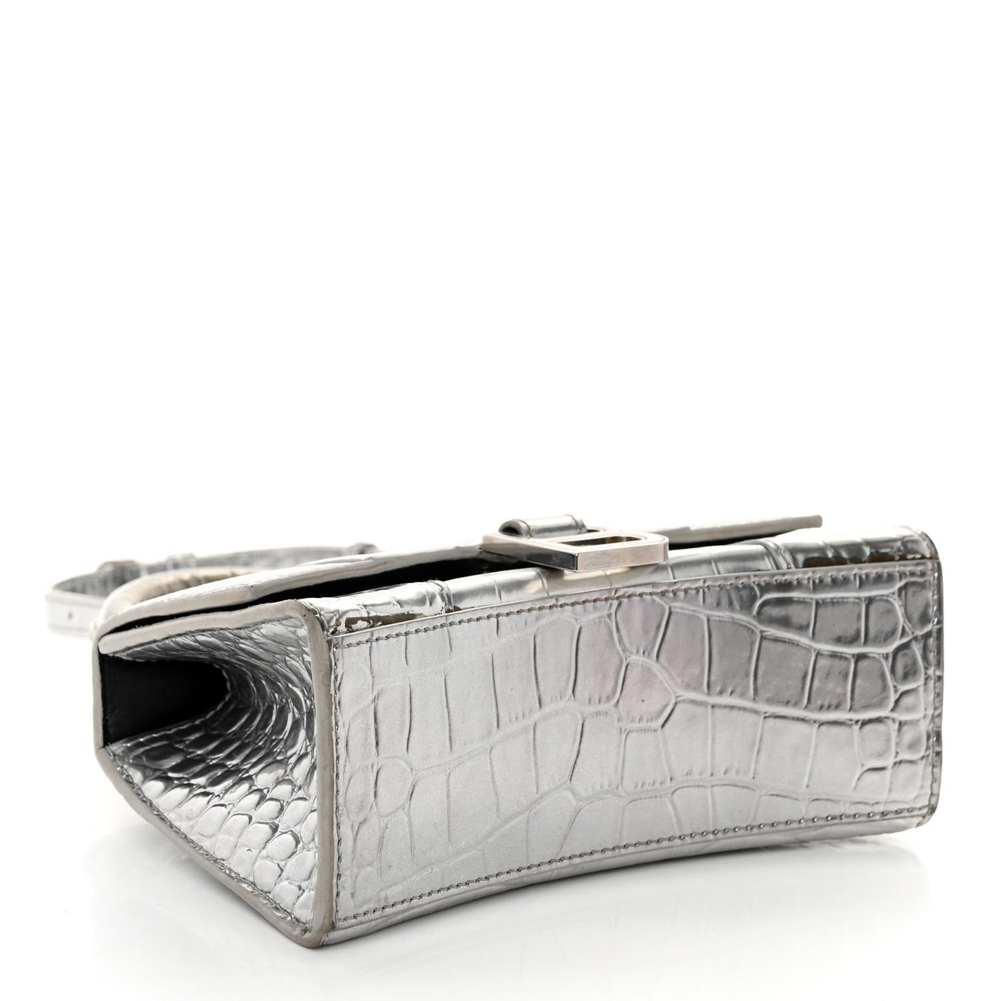 Metallic Calfskin Crocodile Embossed Hourglass Top Handle Bag XS Silver