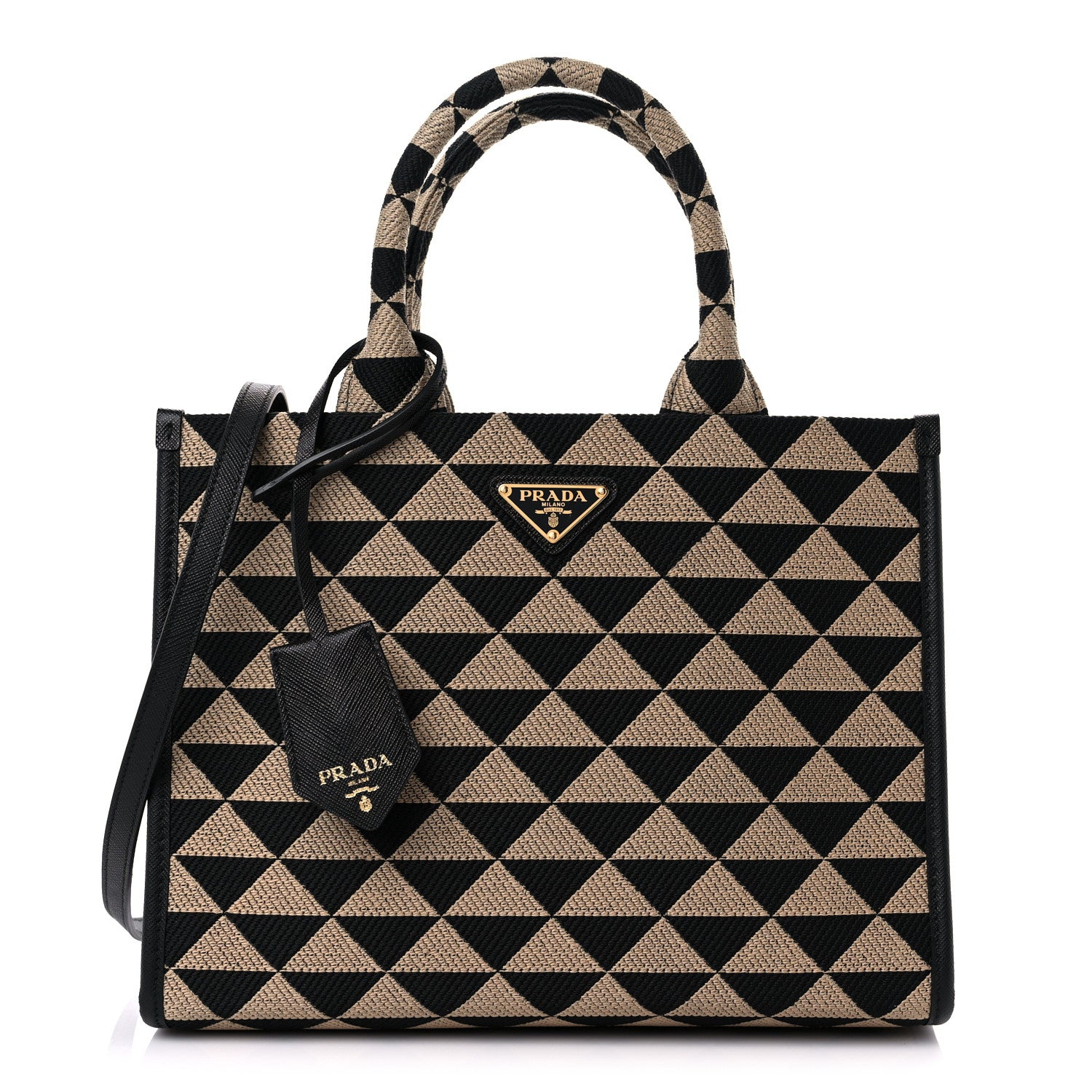 Prada Jacquard Saffiano Triangolo Symbole Embroidered Small Tote Black Corda 1 of 8