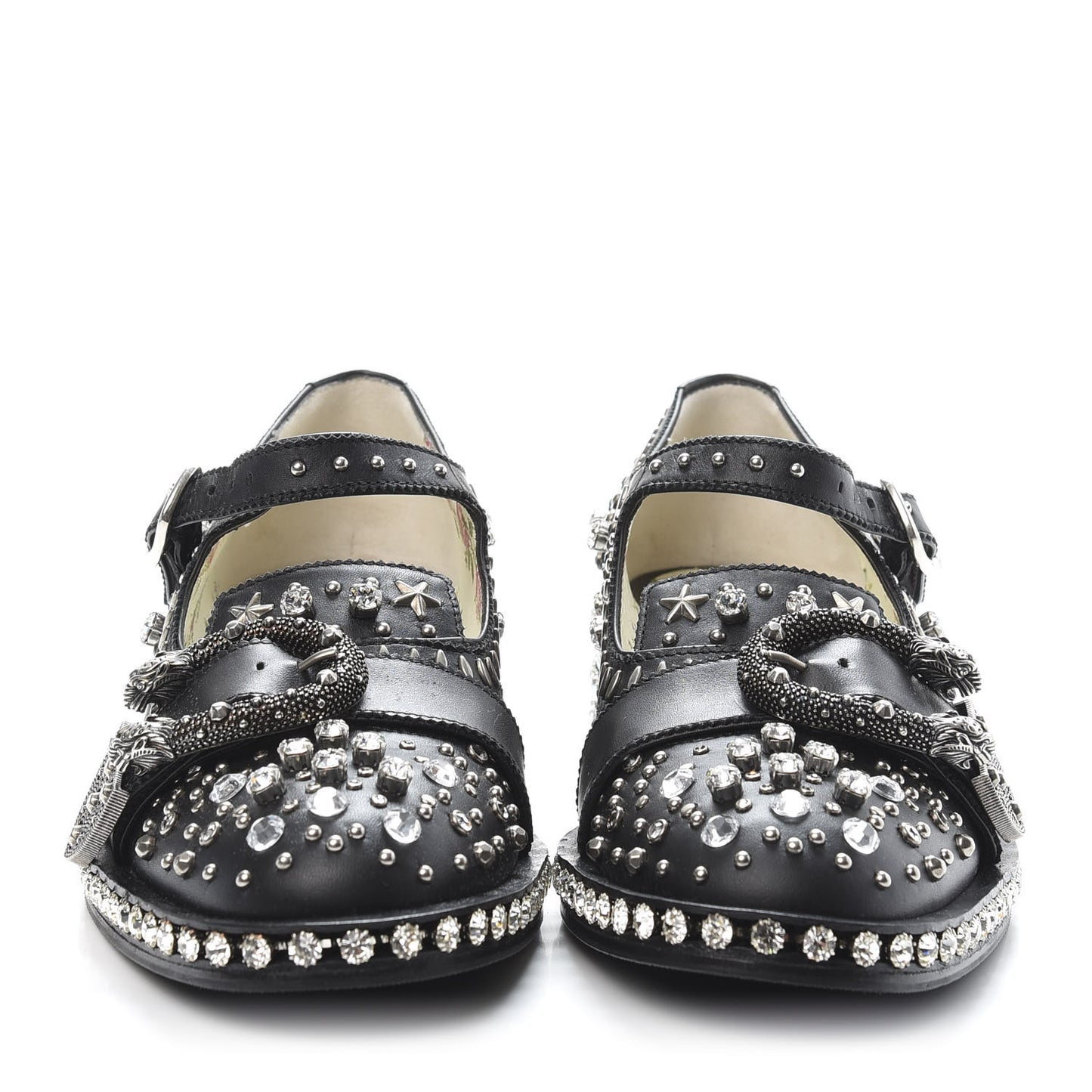 Calfskin Crystal Studded Womens Queercore Brogue Monk Strap Loafers 37.5 Black