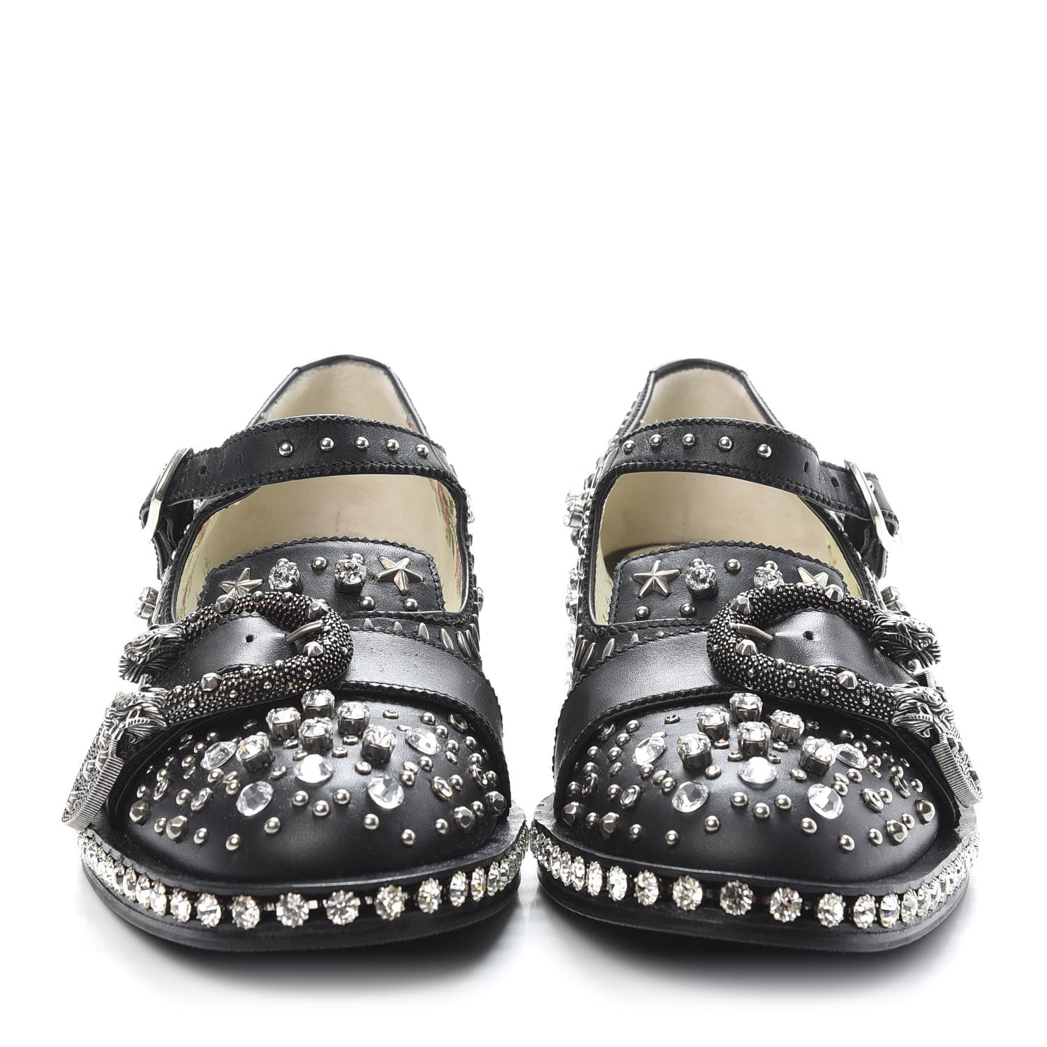 Gucci Calfskin Crystal Studded Womens Queercore Brogue Monk Strap Loafers 37.5 Black 2 of 10