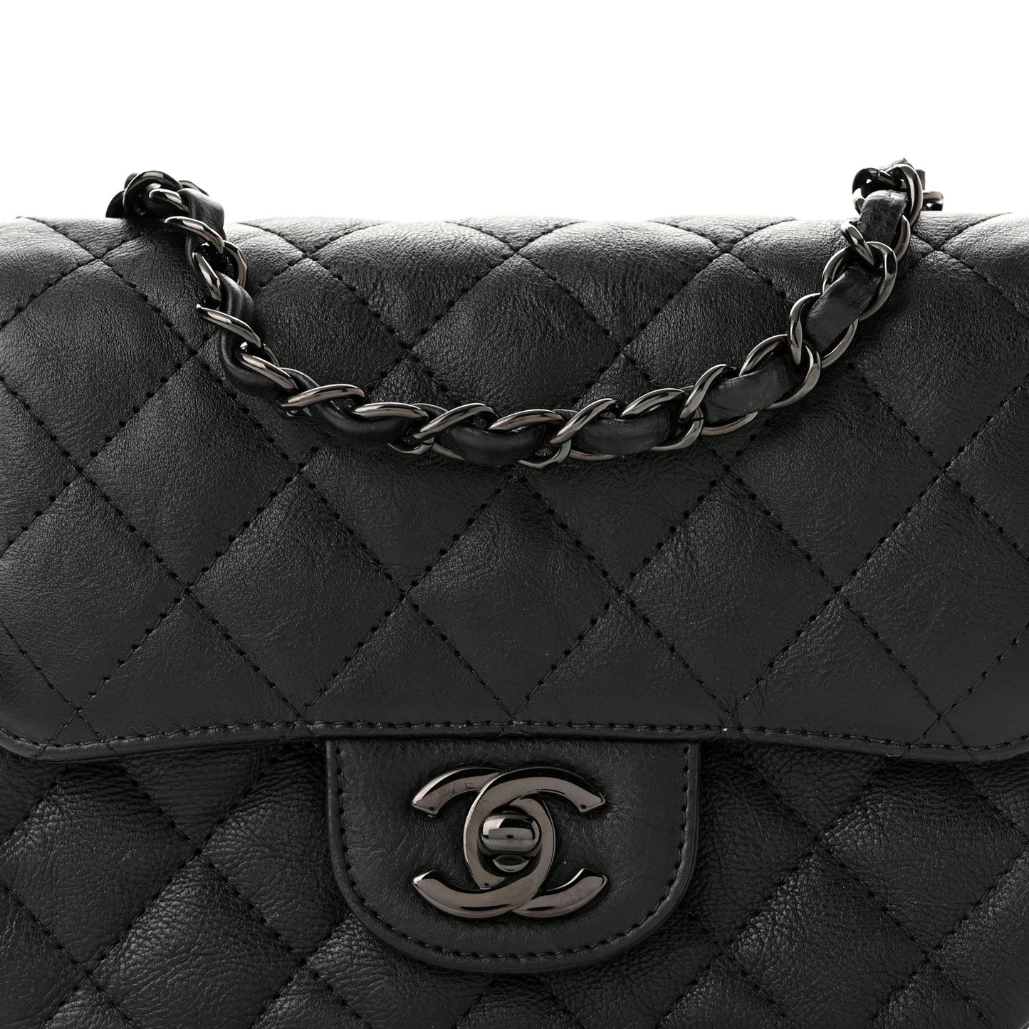 Crumpled Calfskin Quilted Mini Square Flap So Black