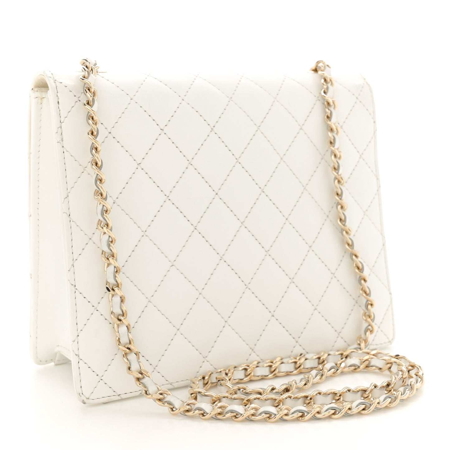 Glazed Calfskin Stitched Mini Square Flap White