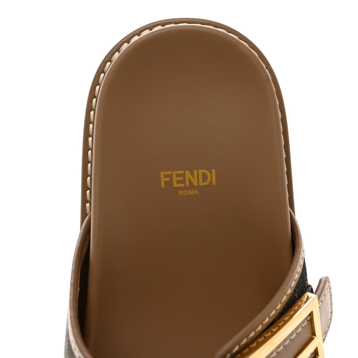 Fabric Jacquard Nappa FF Womens Fendi Feel Buckled Slide Sandals 37.5 Tobacco Black Miele Scuro