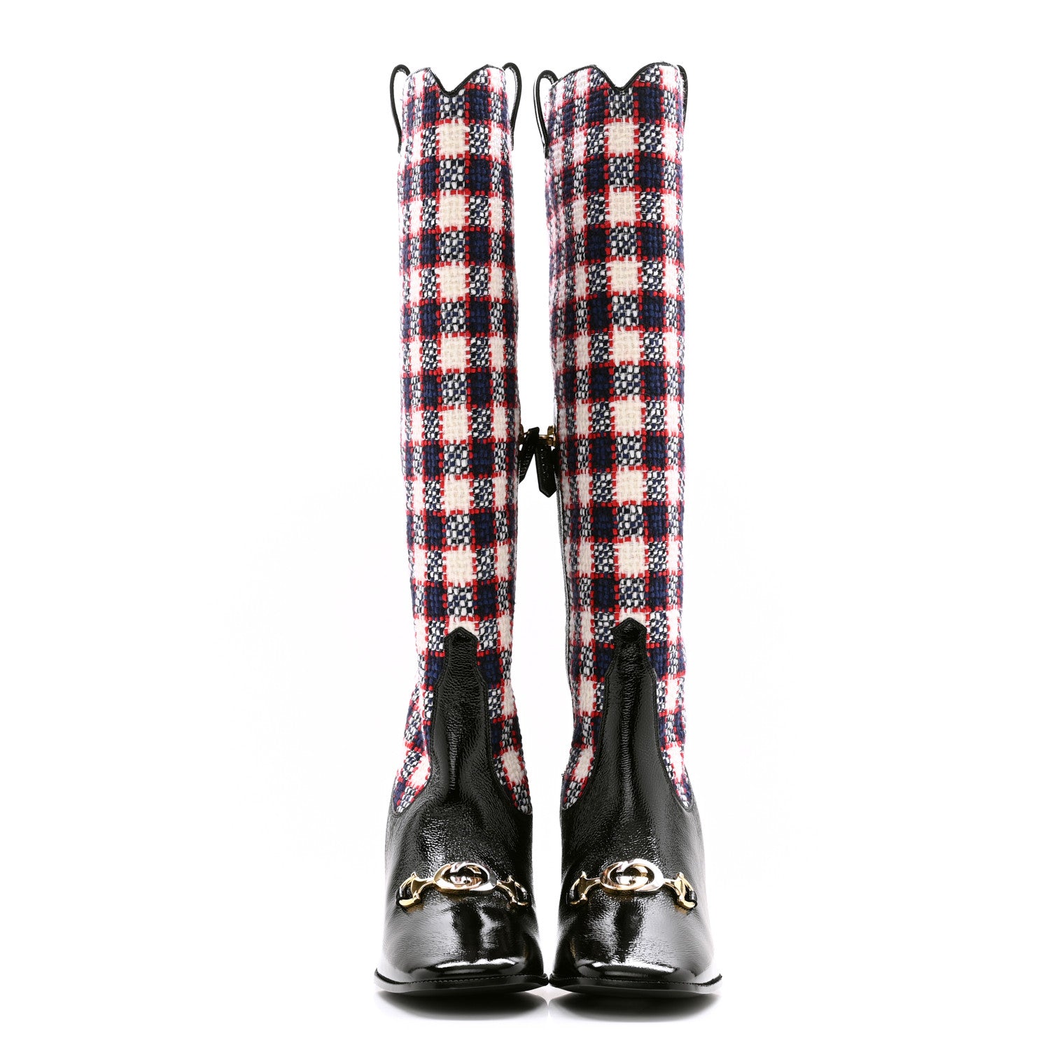 Gucci Tweed Naplack Check Zumi Knee Boots 40 White Hibiscus Red Maritime Black 2 of 8