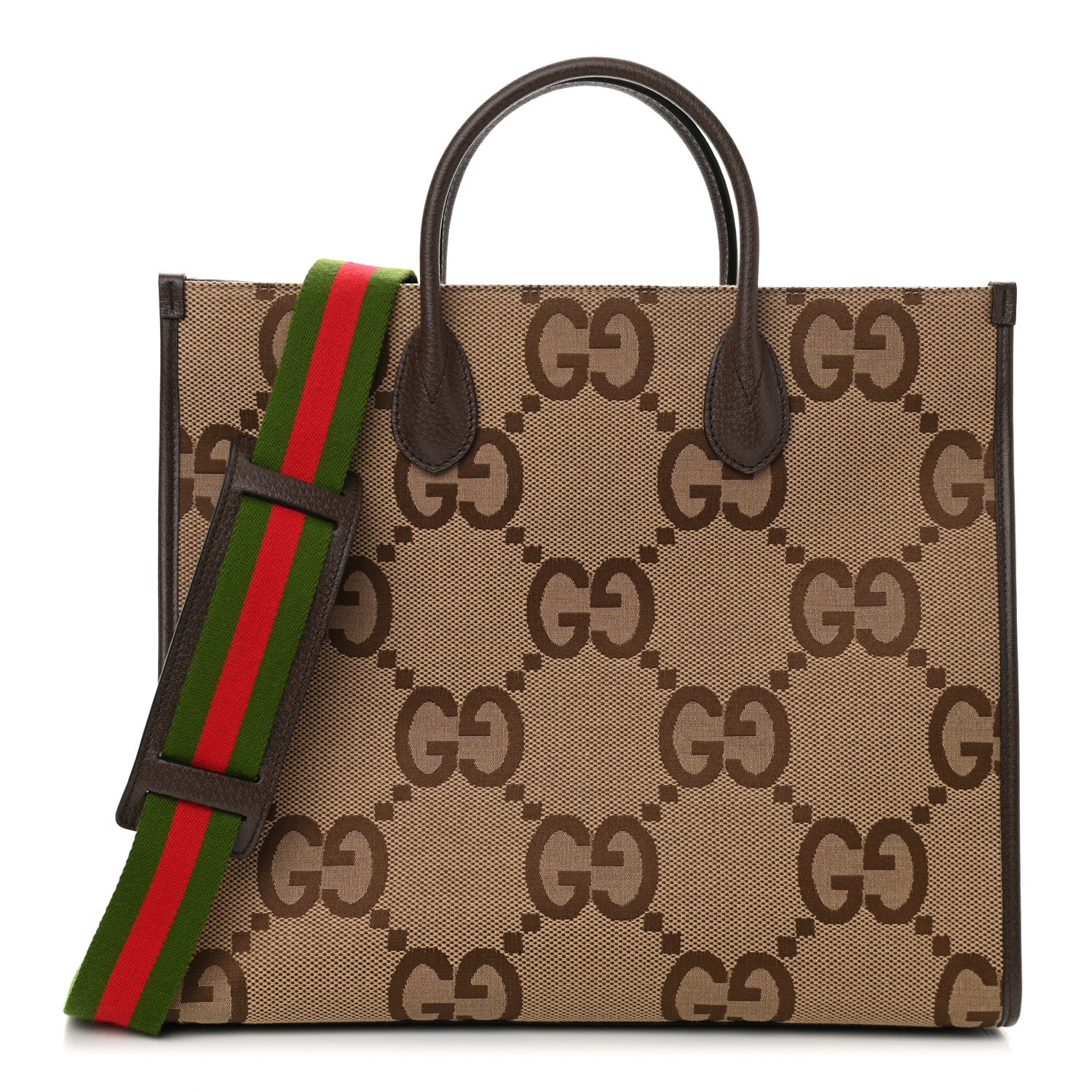 Gucci Monogram Jumbo GG Textured Dollar Calfskin Web Tote Bag Camel Ebony New Acero 1 of 10