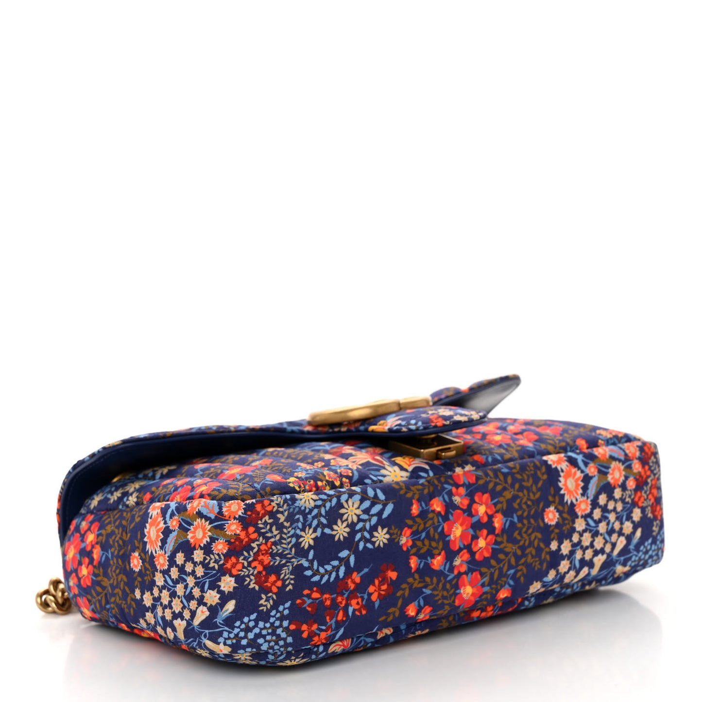 Cotton Calfskin Matelasse Floral Print Small GG Marmont Shoulder Bag Blue Red Deep Ocean Blue