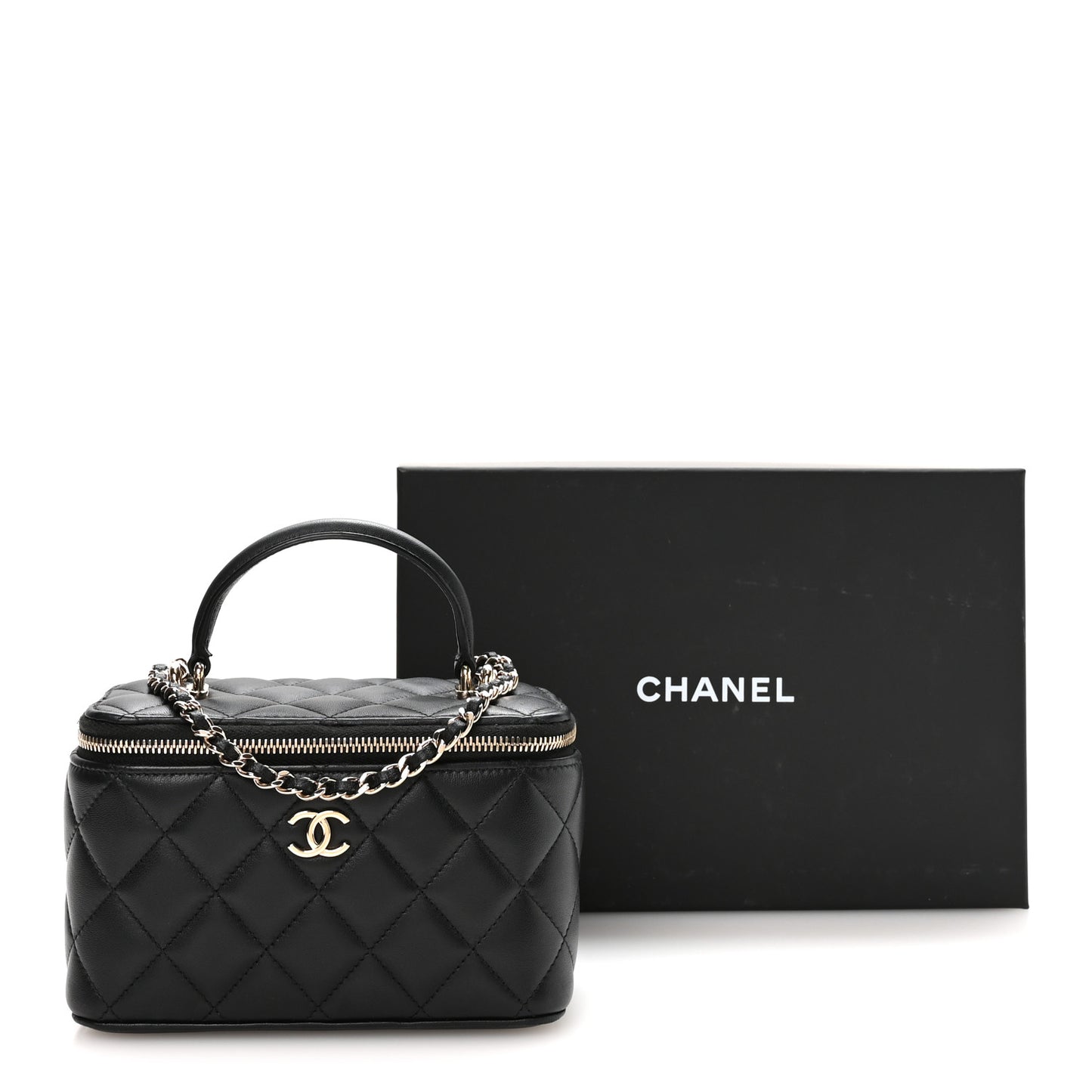 Lambskin Quilted Small Top Handle Vanity Case With Chain Black