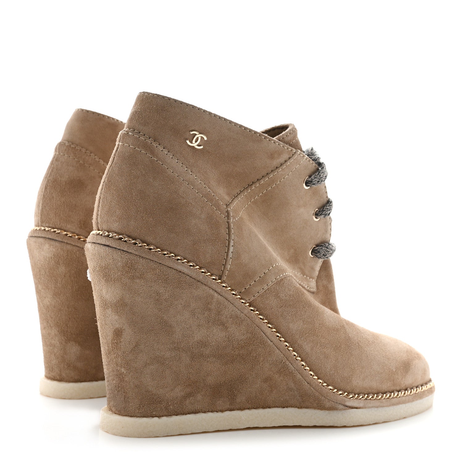 Chanel Suede Calfskin Lace Up Wedge Booties 40.5 Beige 4 of 9