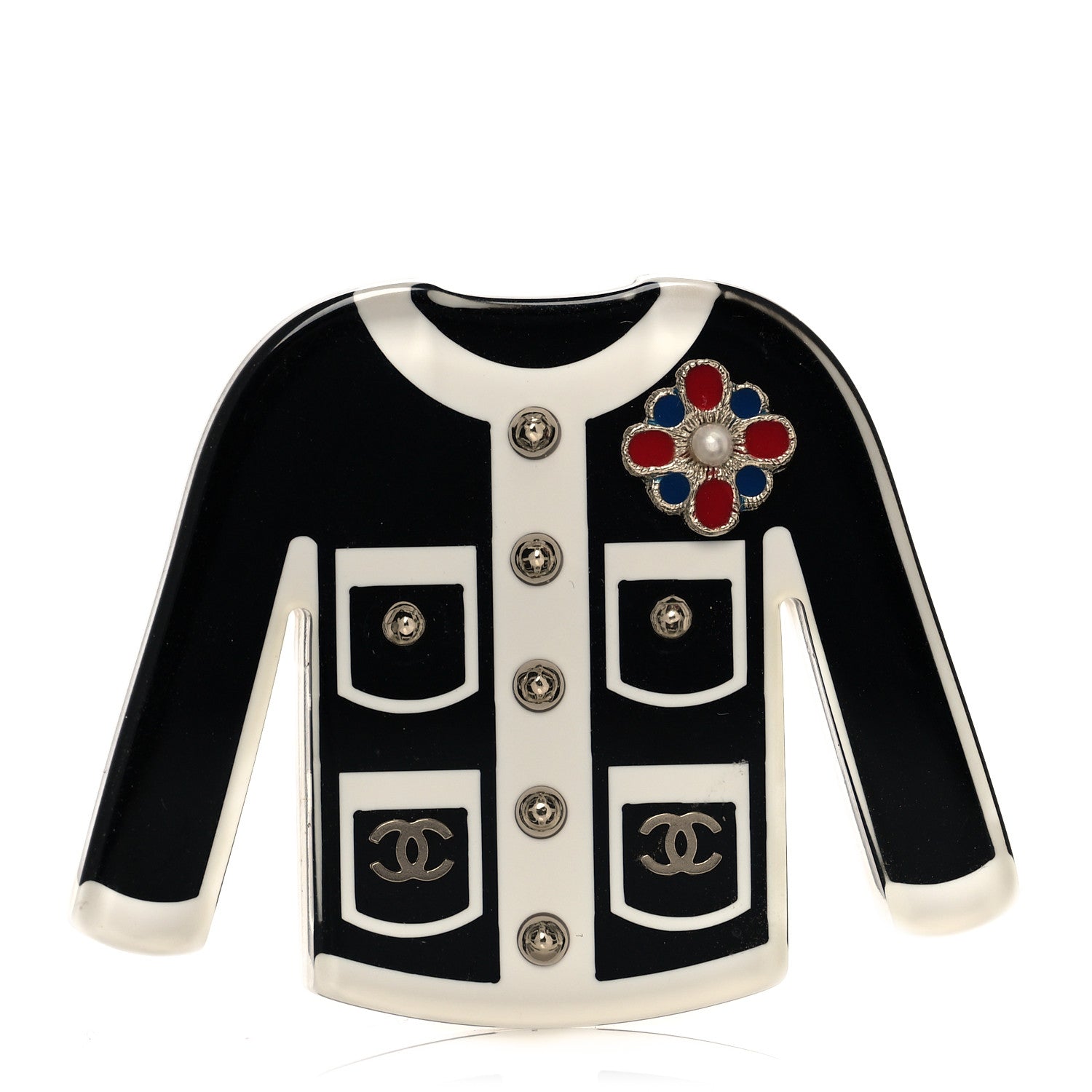 Chanel Resin Pearl Tweed Cardigan CC Brooch Black White 1 of 4