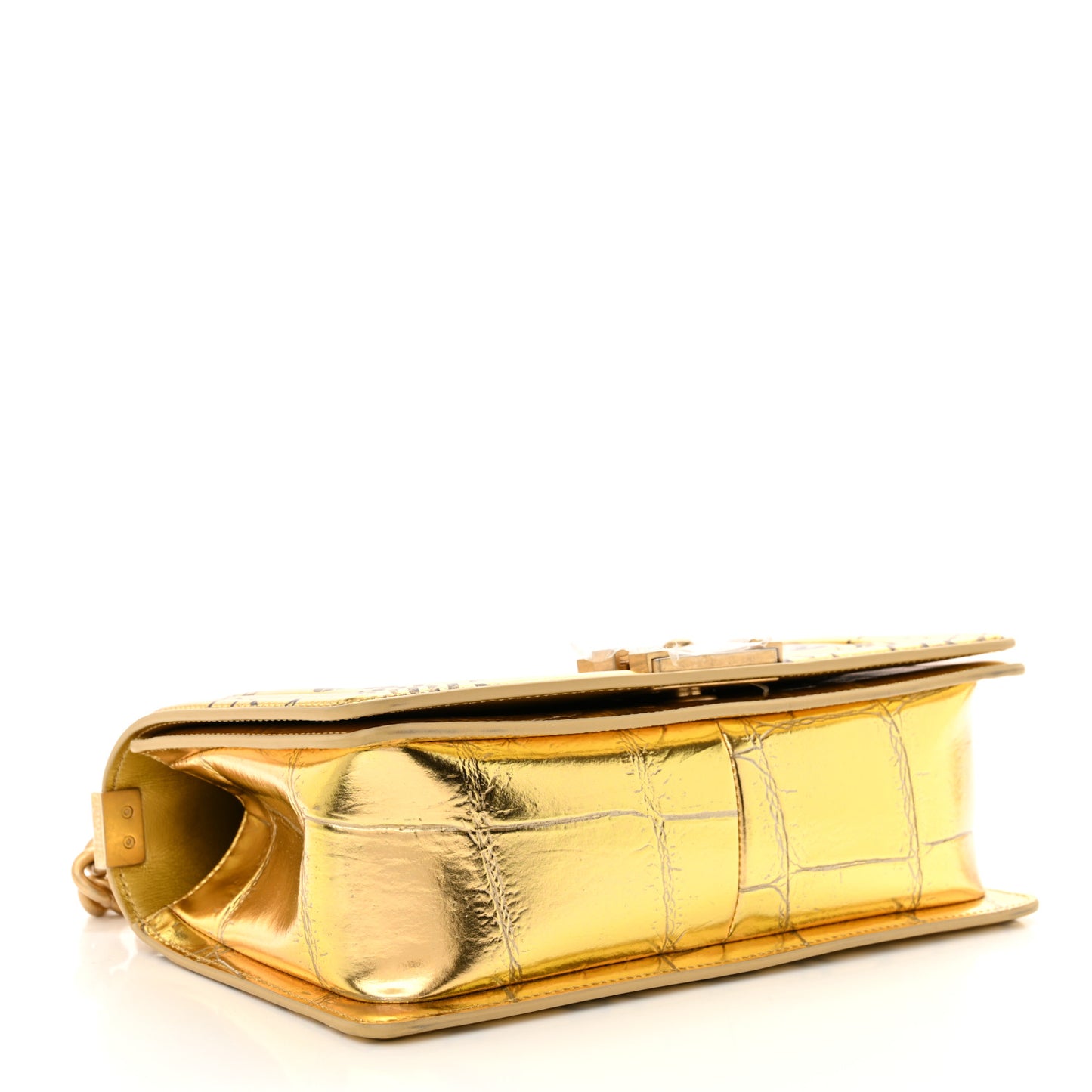 Metallic Calfskin Crocodile Embossed Graffiti Medium Cocodile Boy Flap Gold