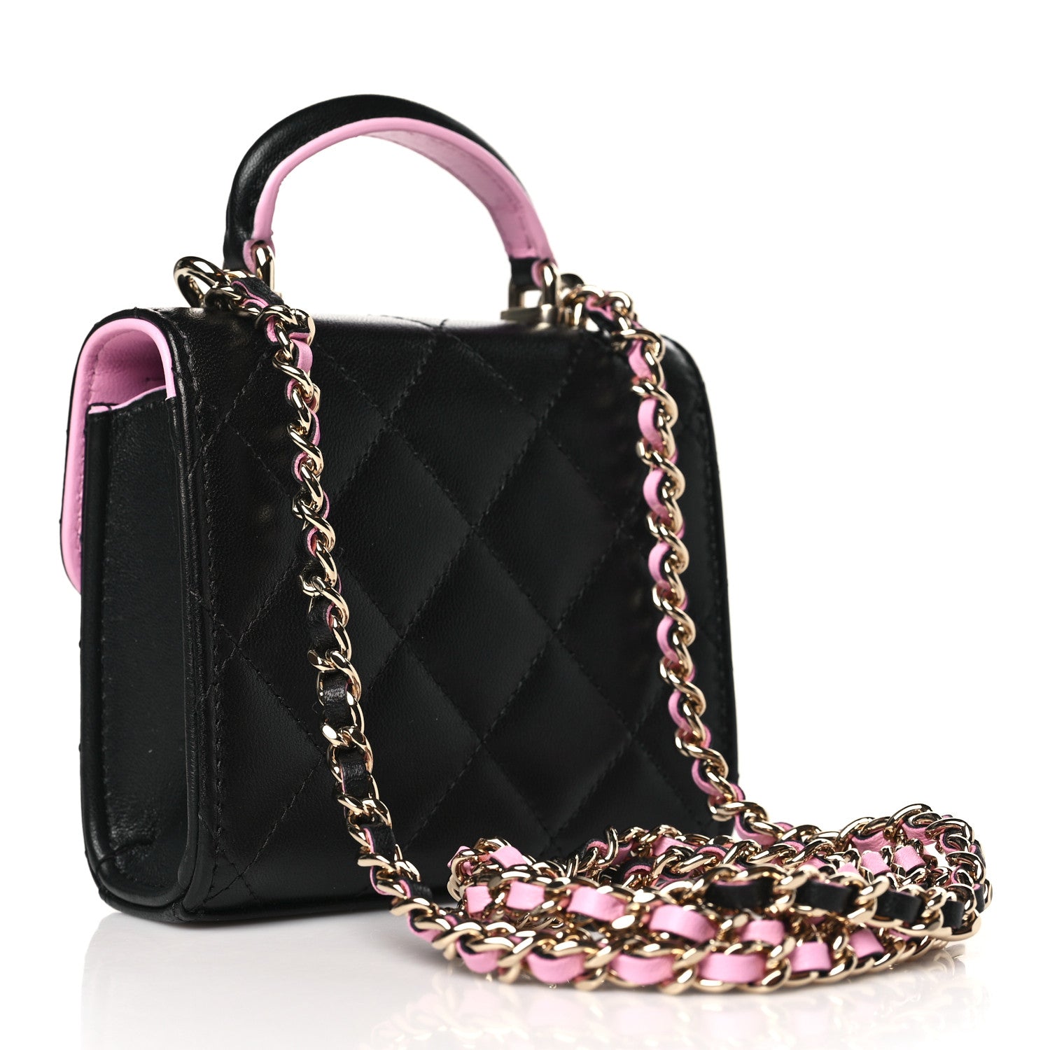 Chanel Lambskin Quilted Bi-Color Top Handle Clutch With Chain Black Pink 3 of 10