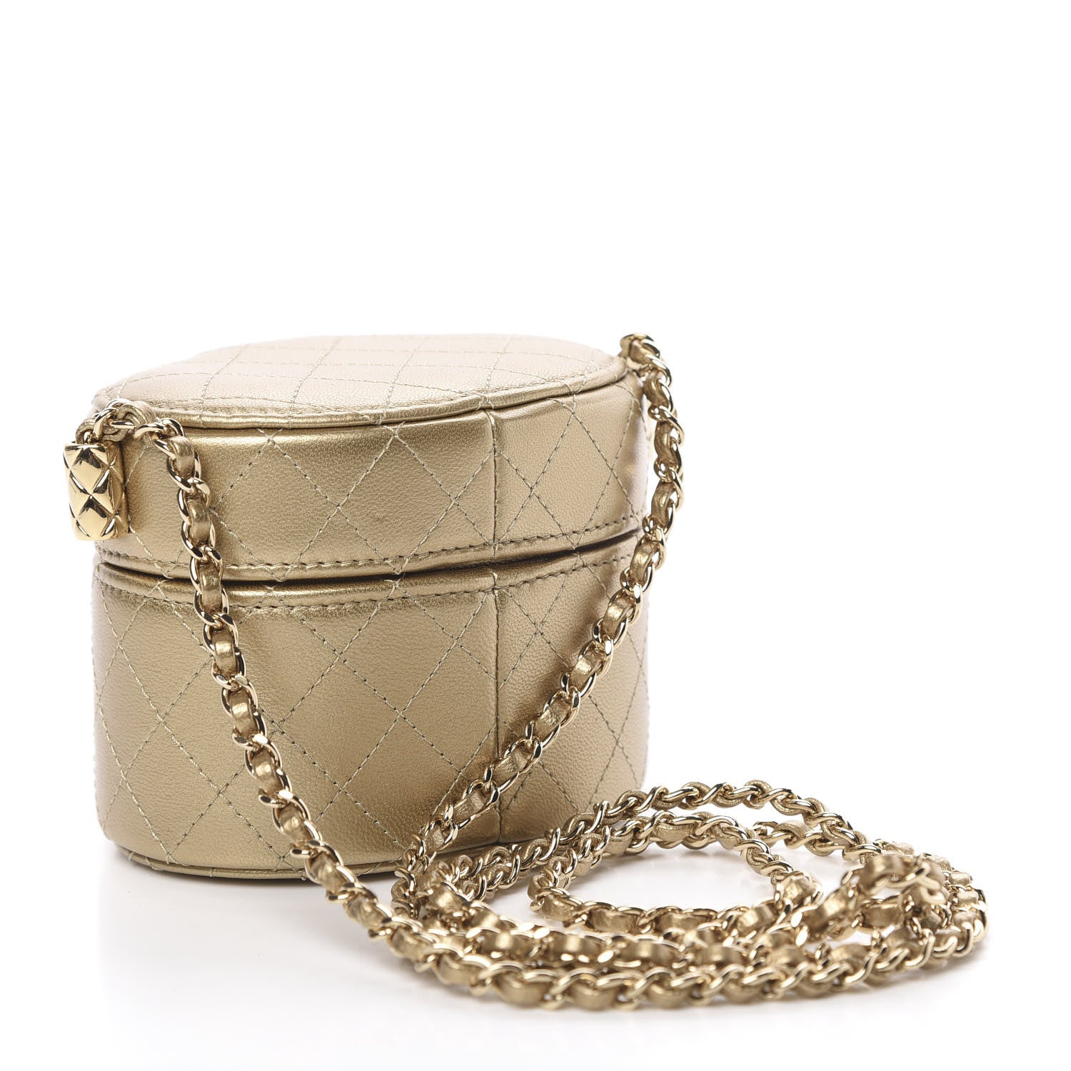 Chanel Metallic Lambskin Quilted Round Mini Vanity Case With Chain Gold 2 of 9