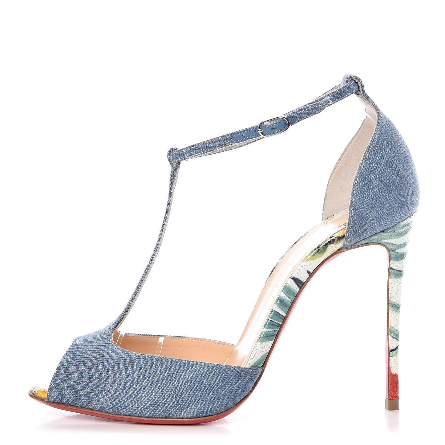 Denim Crackled Calfskin Hawaii Print Senora 100 Sandals 35.5 Blue White