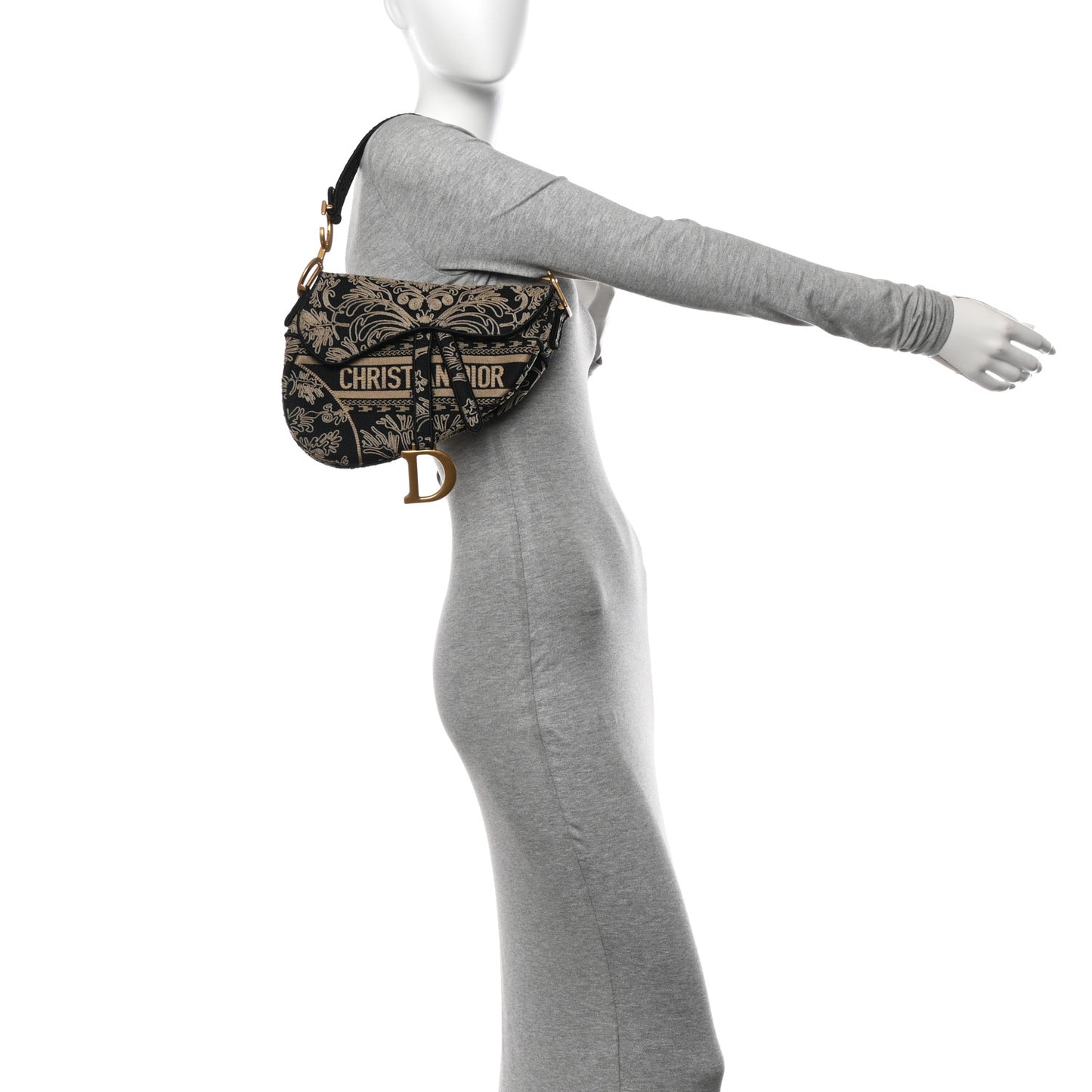 Canvas Embroidered Ornamental Cornely Saddle Bag Black Beige