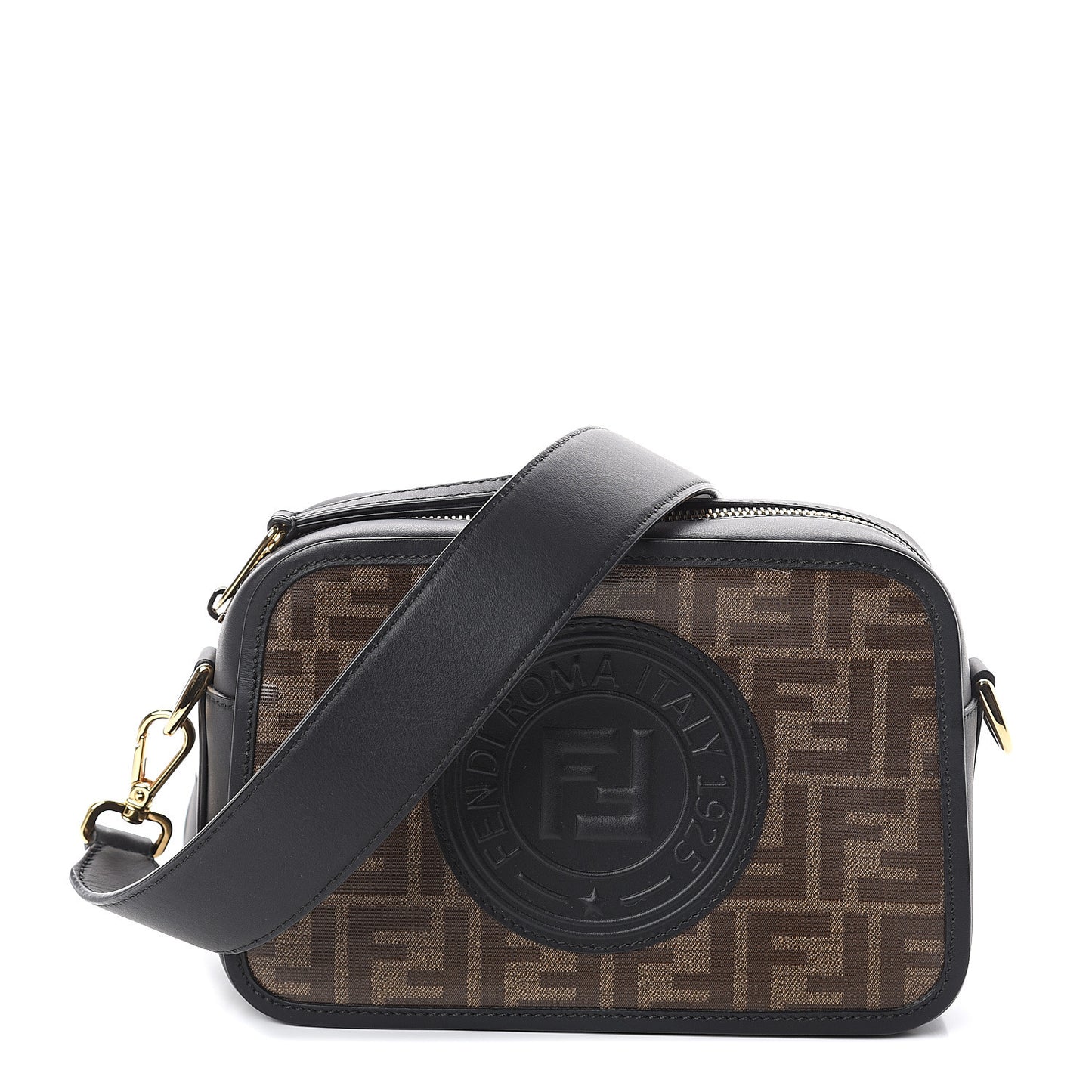 Glazed Fabric Vitello Century F is Fendi FF 1974 Stamp Patch Camera Case Mogano Panna Black