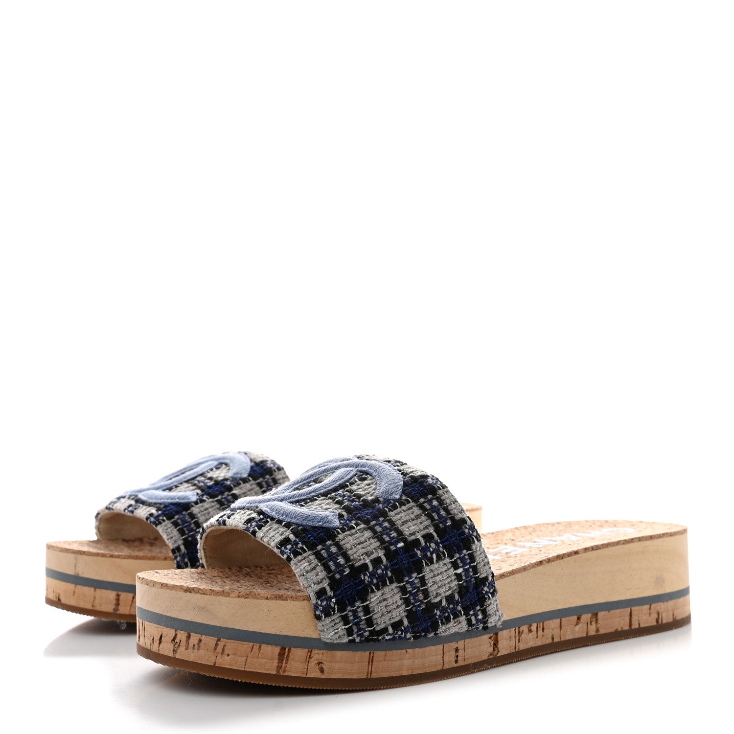 Chanel Tweed Mixed Fibers Cork CC Mule Sandal 40 Navy Blue White Blue 3 of 7