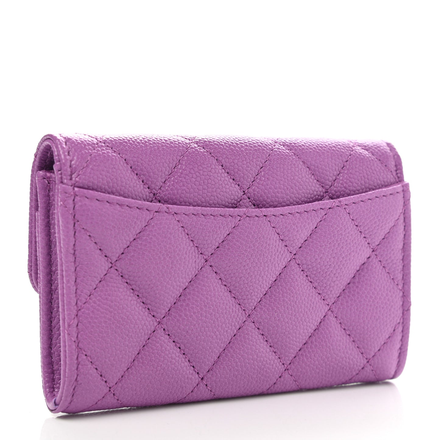 Caviar Quilted Flap Card Holder Wallet Purple