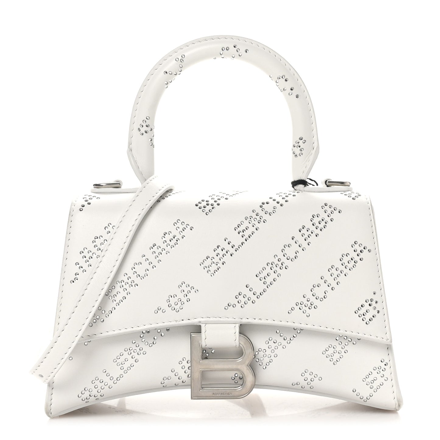 Smooth Calfskin Crystal Diagonal Allover Logo Hourglass Top Handle Bag XS Optic White