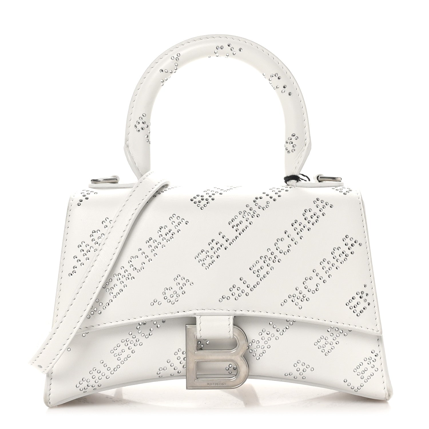 Balenciaga Smooth Calfskin Crystal Diagonal Allover Logo Hourglass Top Handle Bag XS Optic White 1 of 10