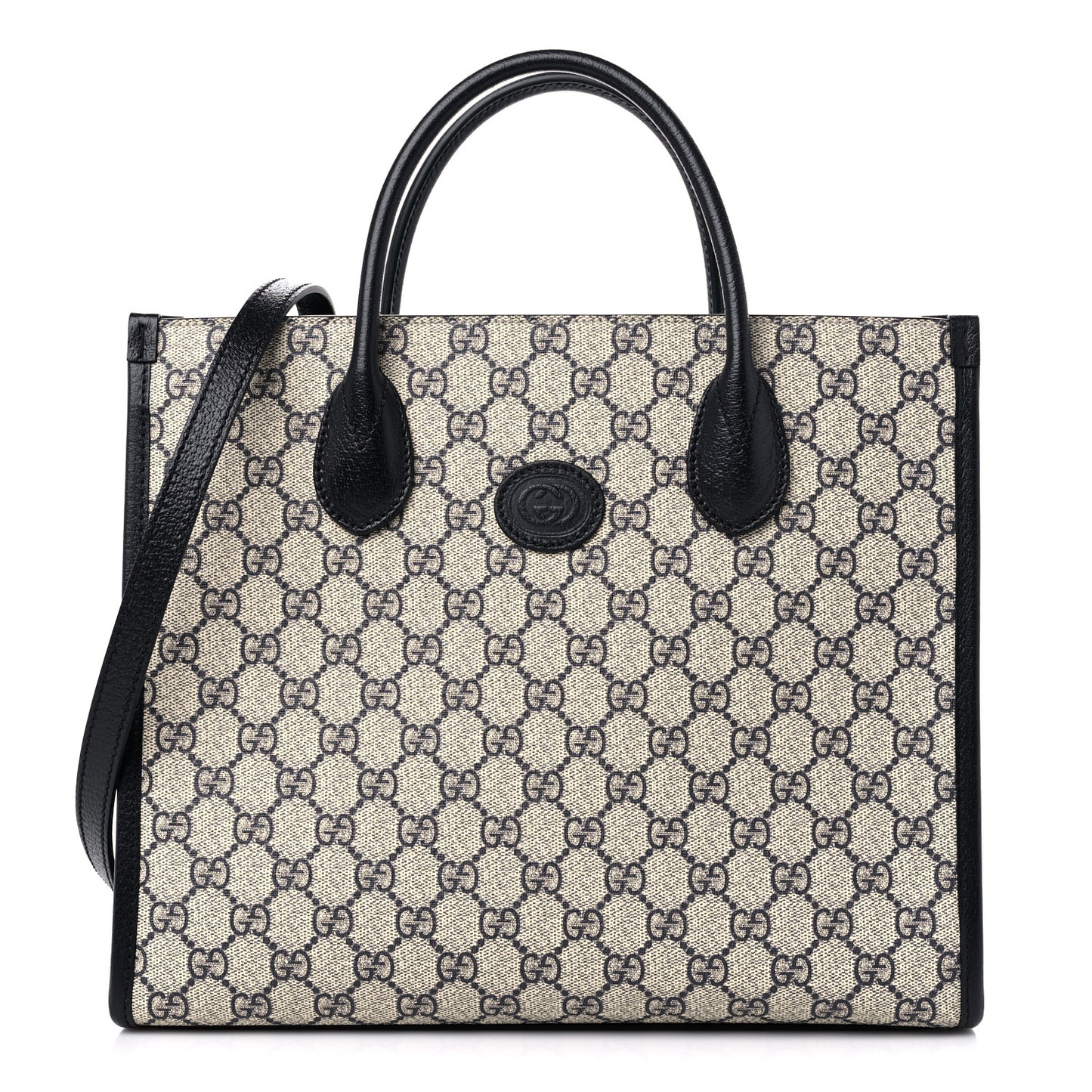 GG Supreme Monogram Textured Dollar Calfskin Small Retro Interlocking G Tote Bag Beige Blue
