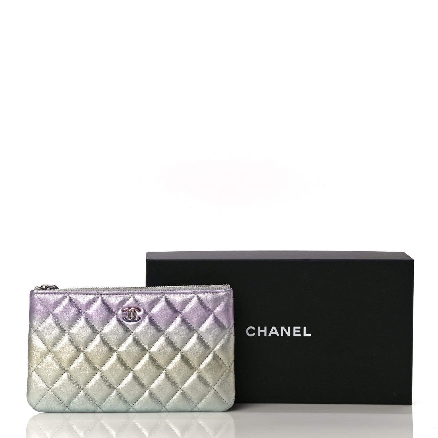 Gradient Metallic Calfskin Quilted Cosmetic Case Silver Blue Yellow Purple