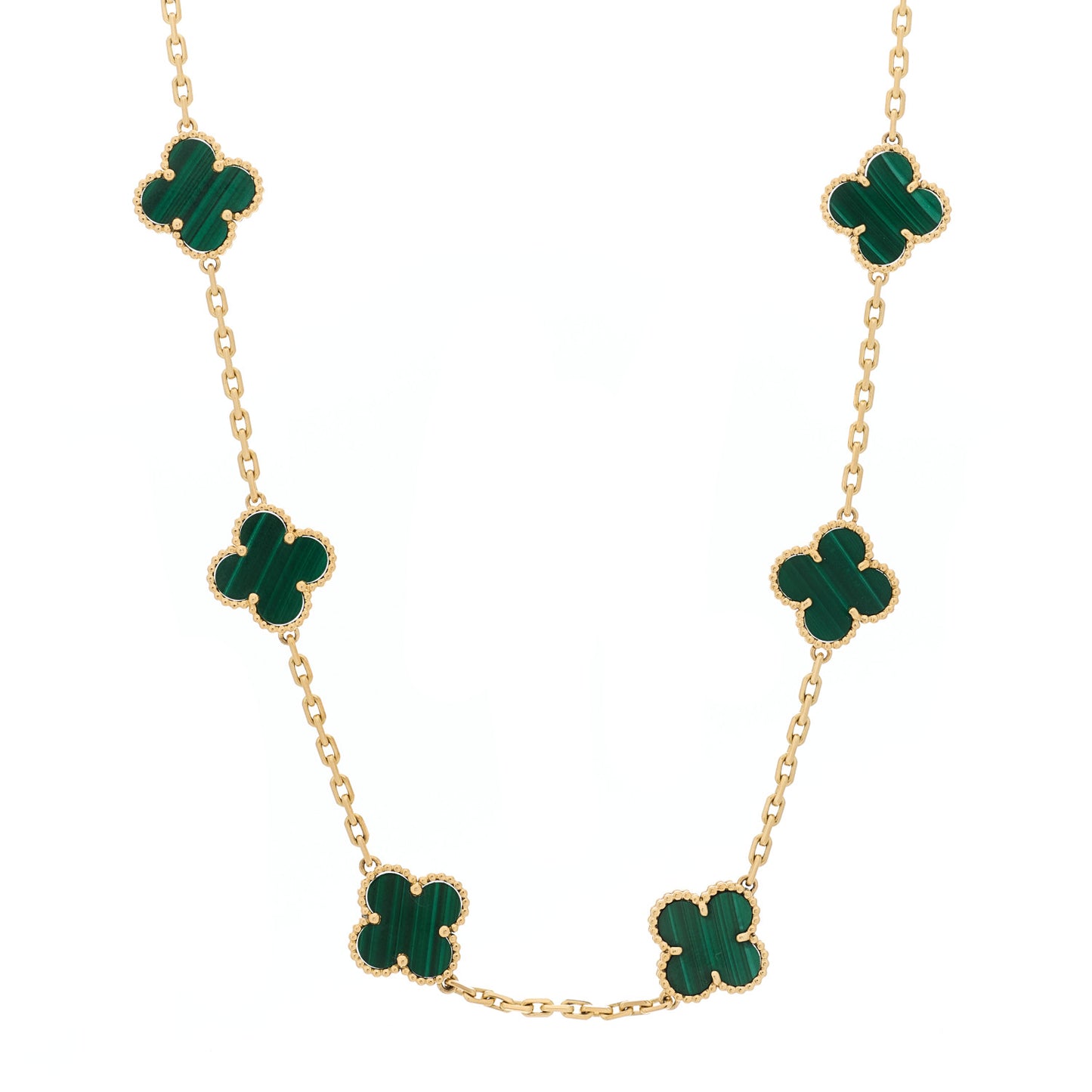 18K Yellow Gold Malachite 10 Motifs Vintage Alhambra Necklace