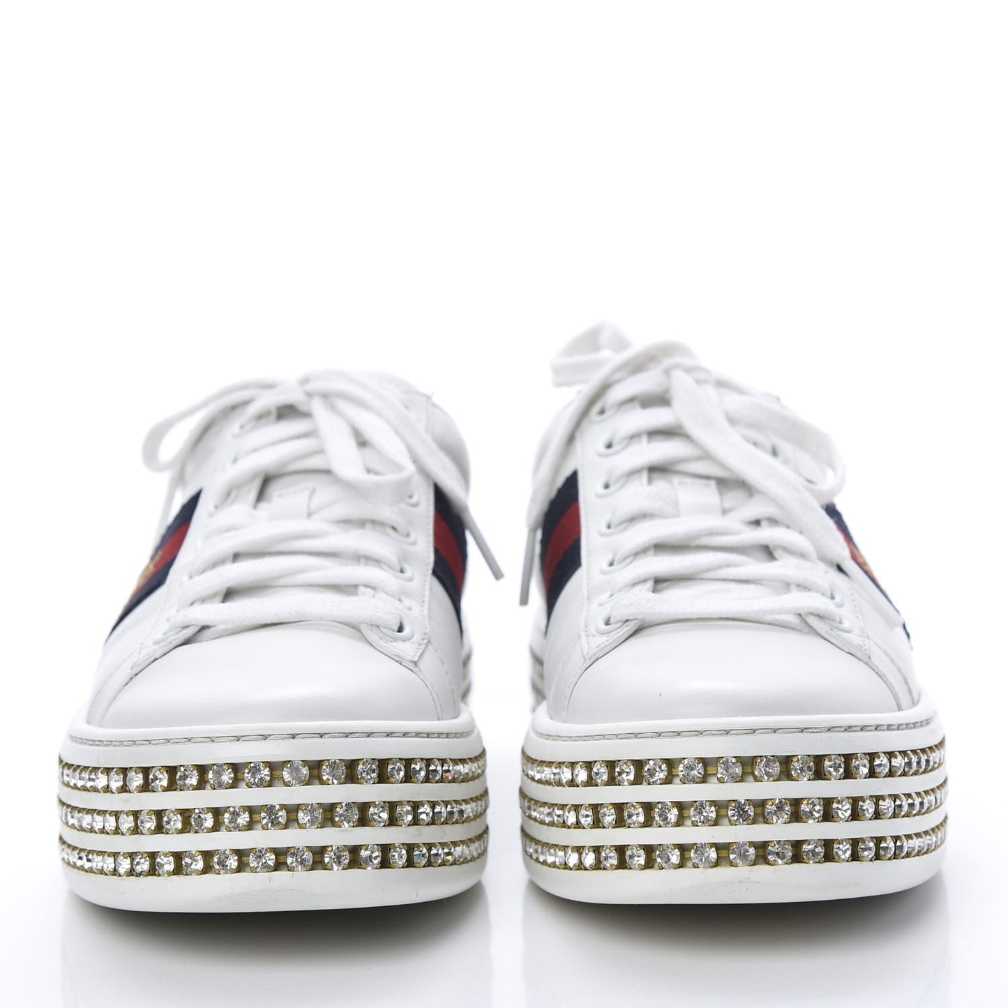 Calfskin Crystal Web Bee Embroidered Womens Ace Platform Sneakers 35.5 White