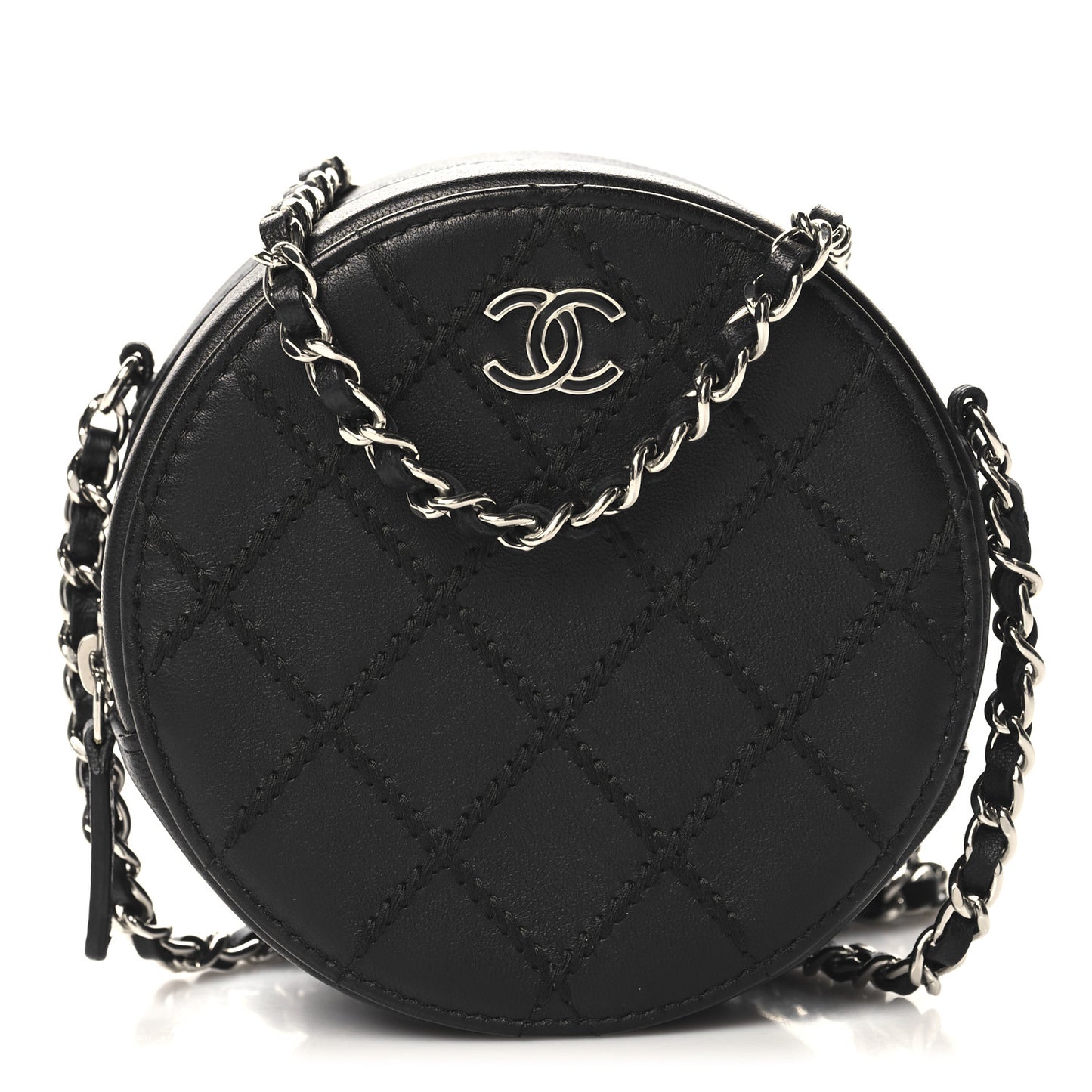 Lambskin Stitch Round Clutch With Chain Black