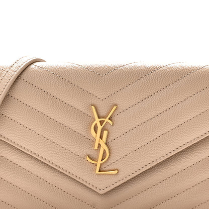 Saint Laurent Grain De Poudre Matelasse Chevron Monogram Envelope Chain Wallet Dark Beige 7 of 10