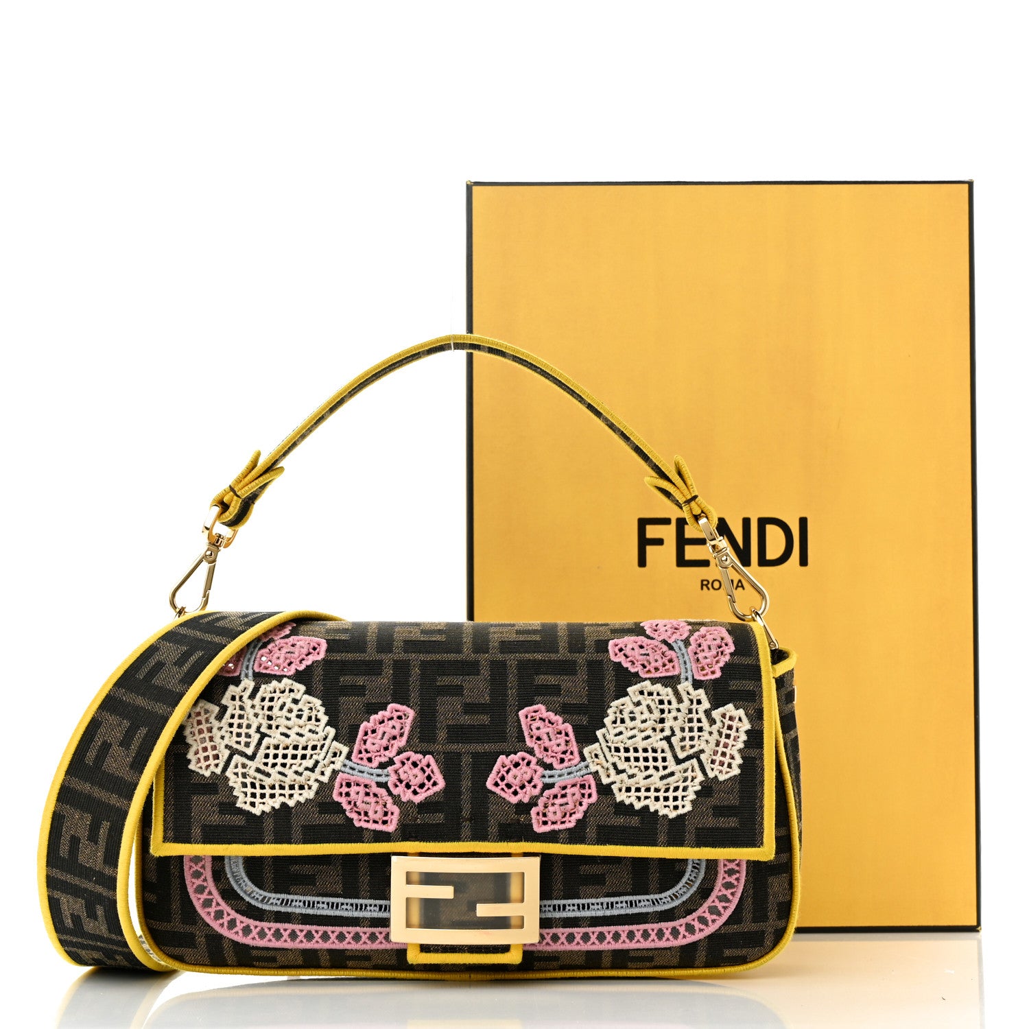 Fendi Fabric Jacquard FF Floral Embroidered Baguette Tobacco Moro Multicolor 11 of 11