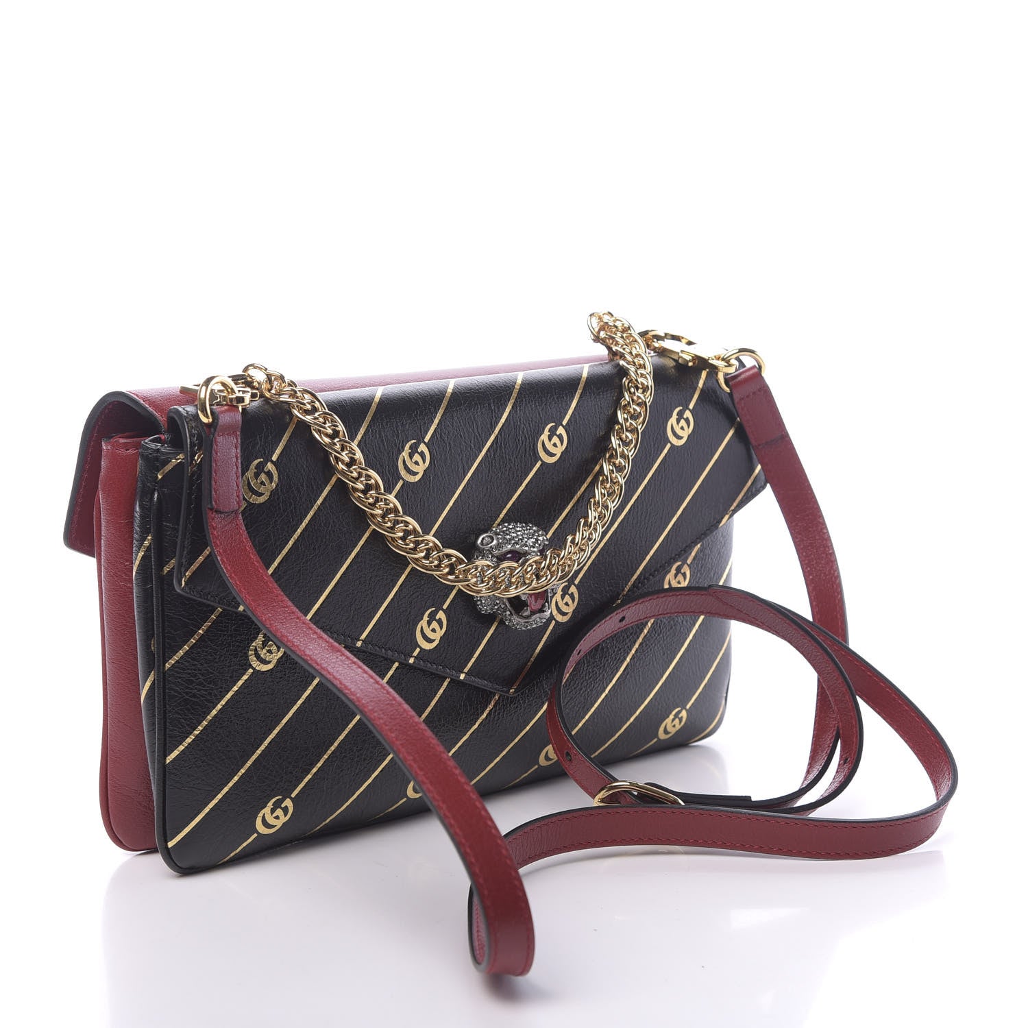 Gucci Calfskin Diagonal GG Medium Thiara Double Envelope Shoulder Bag Black Red 3 of 12