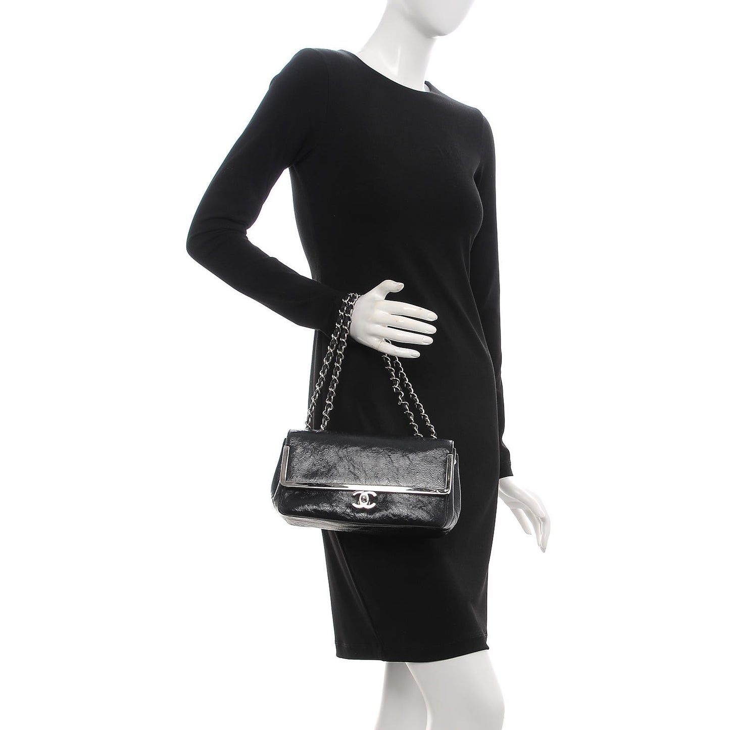 Distressed Patent Calfskin Small Frame Single Flap Black