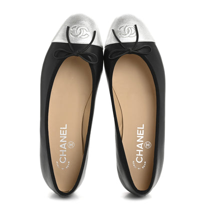 Chanel Calfskin Metallic Goatskin CC Cap Toe Ballerina Flats 40 Black Silver 2 of 10