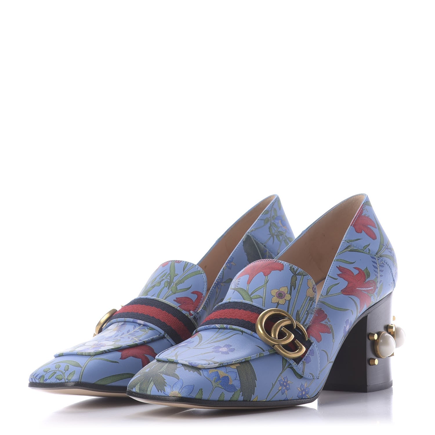 Gucci Apollo Calfskin Web Pearl New Flora Peyton 75mm Loafer Pumps 40.5 Azure 3 of 12