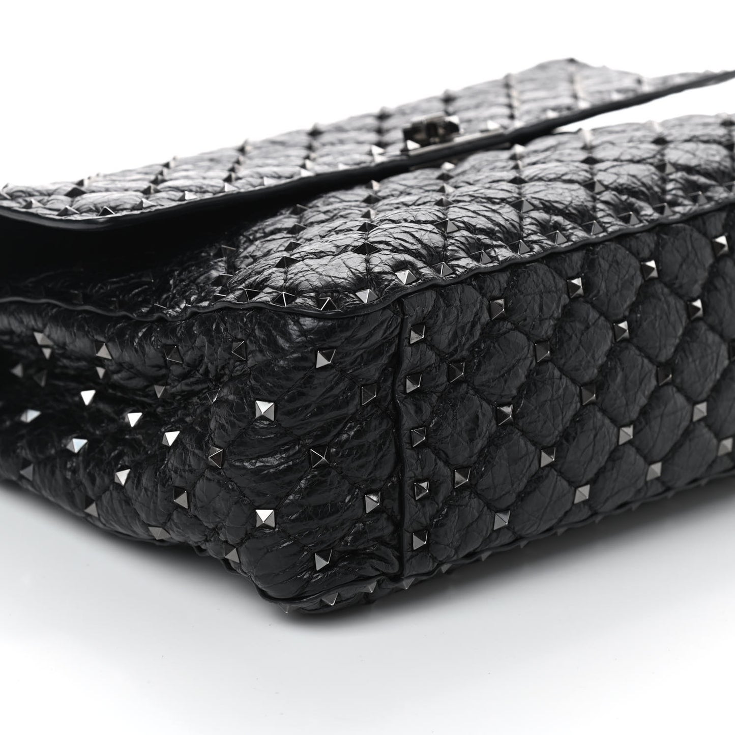 Craquele Nappa Large Rockstud Spike Shoulder Bag Black