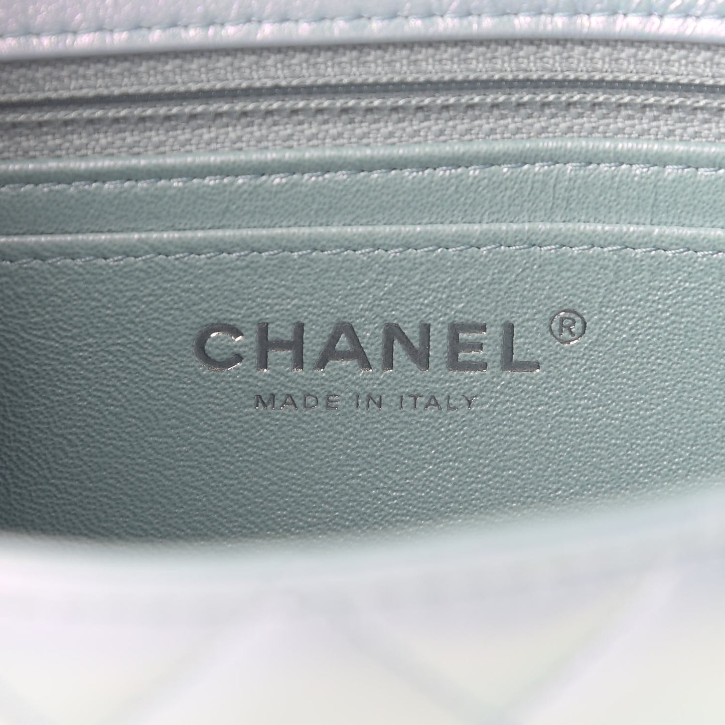 Iridescent Calfskin Quilted Mini Rectangular Flap Light Blue