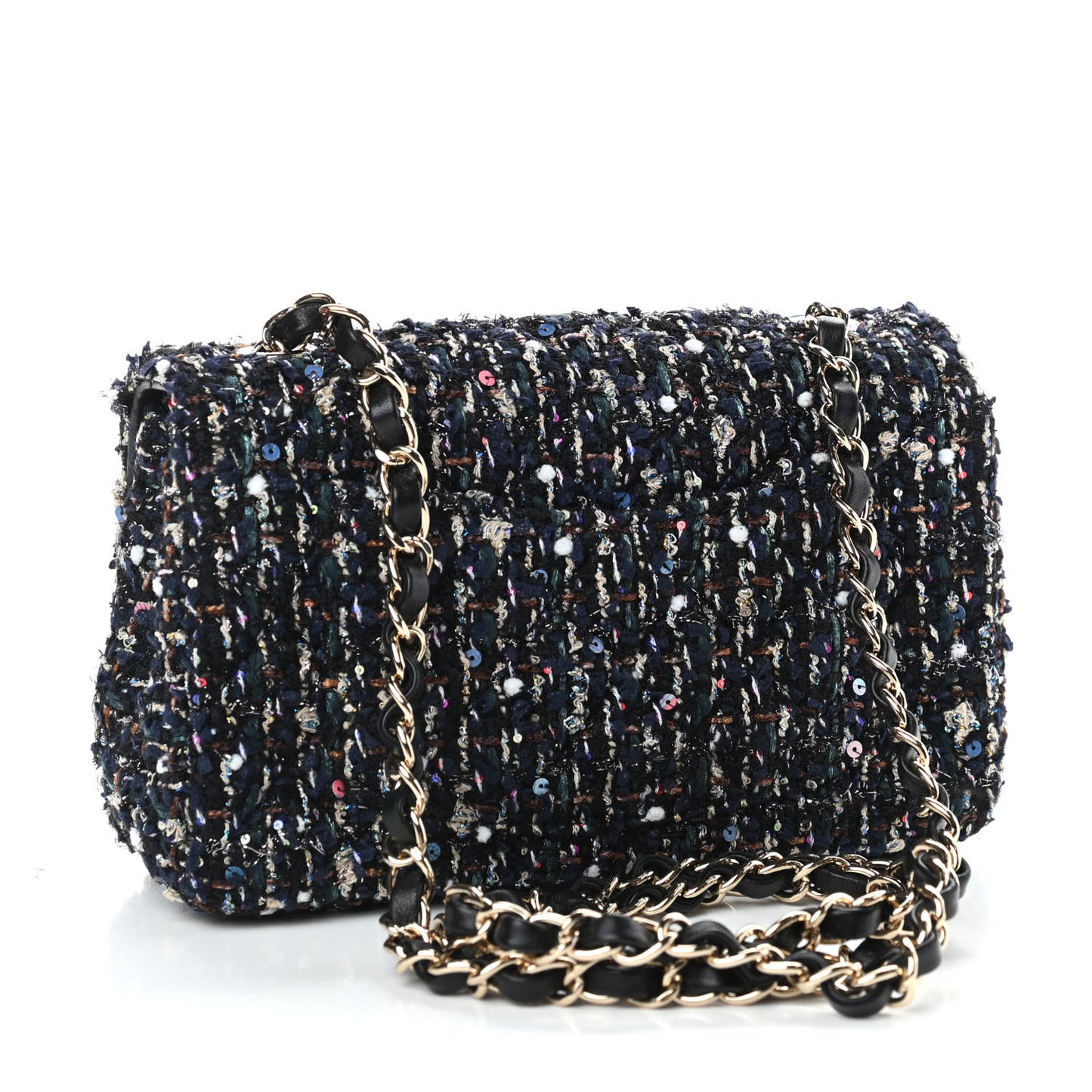 Glittered Tweed Quilted Mini Rectangular Flap Navy Blue Mulitcolor