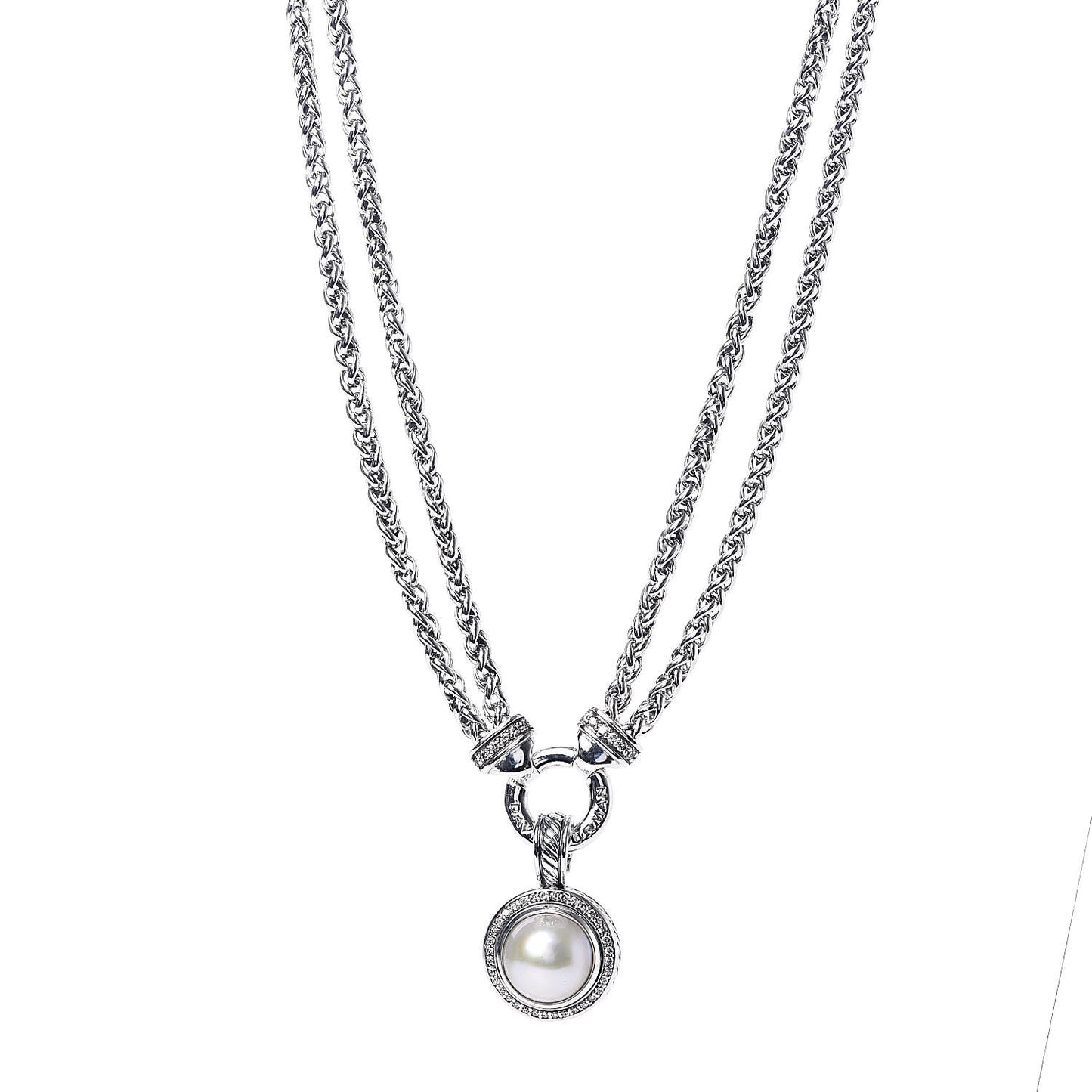 Sterling Silver Diamond Pearl Double Wheat Chain Pendant Necklace