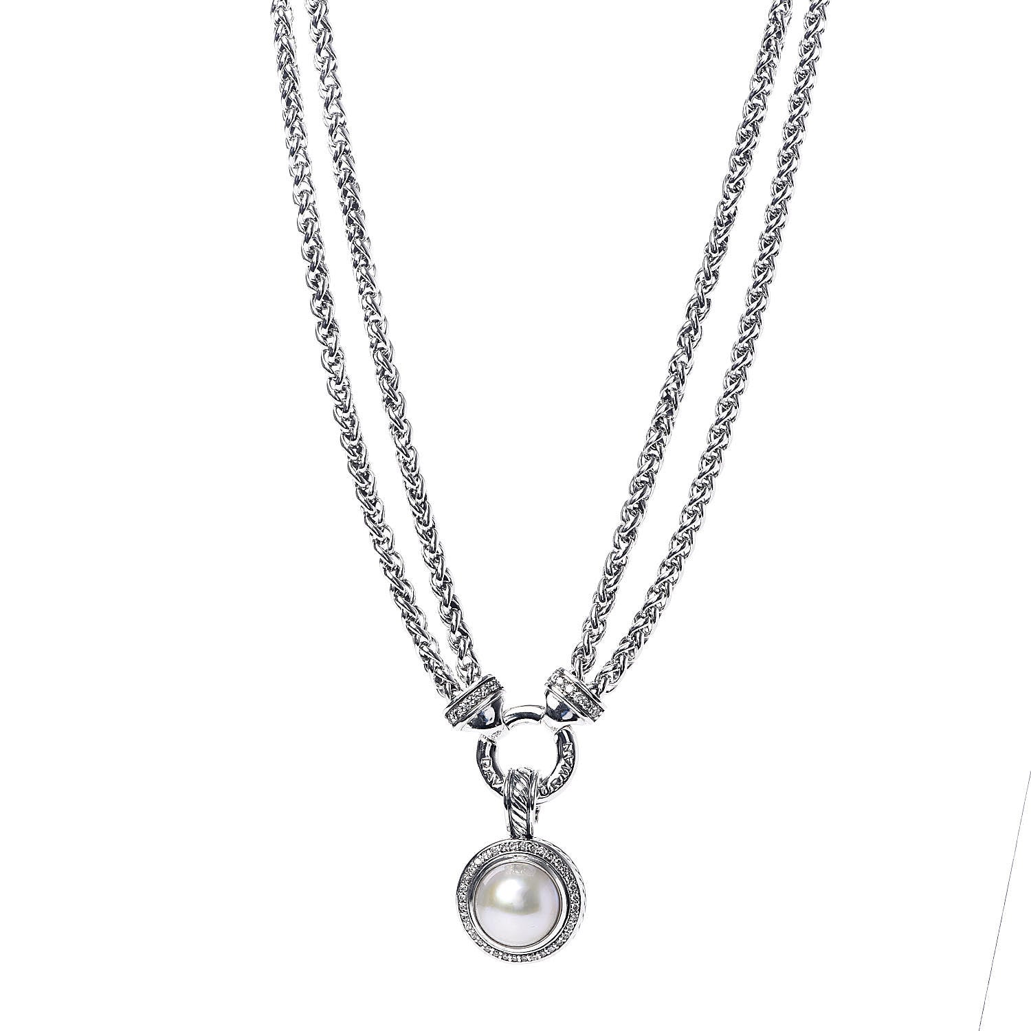 David Yurman Sterling Silver Diamond Pearl Double Wheat Chain Pendant Necklace 1 of 6
