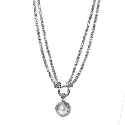 David Yurman Sterling Silver Diamond Pearl Double Wheat Chain Pendant Necklace 1 of 6