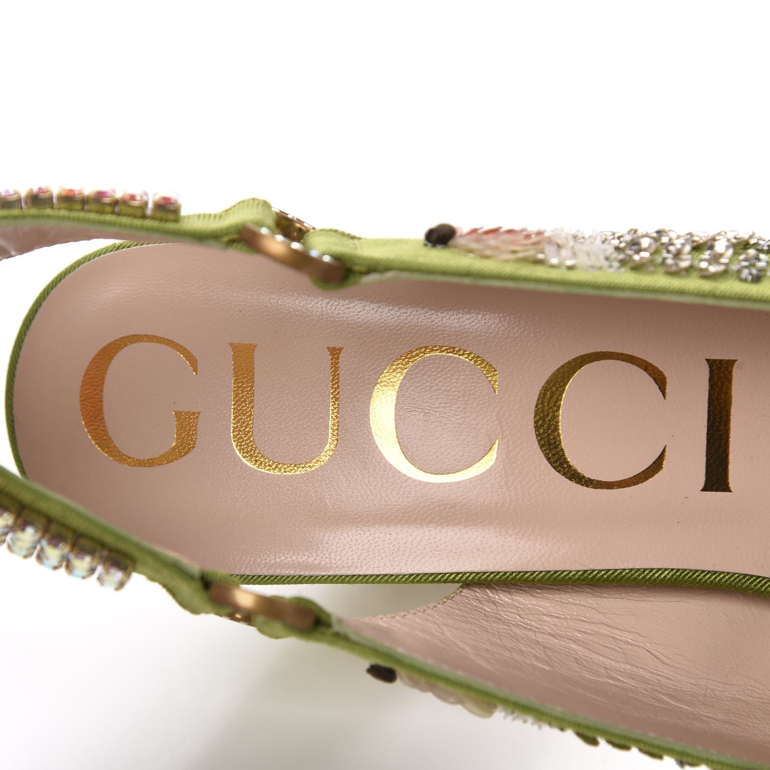 Gucci Moire Fabric Eyes Crystal Square G Madelyn Slingbacks 37.5 Lemon Leaf 8 of 11