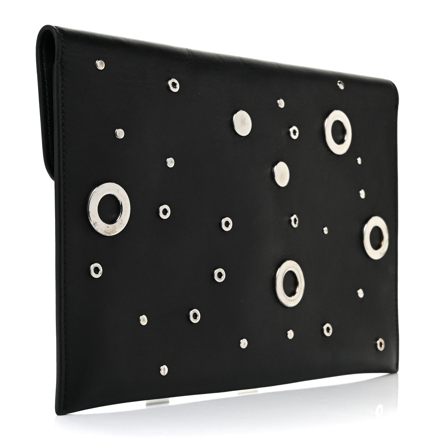 Calfskin Grommet Skull Envelope Clutch Black