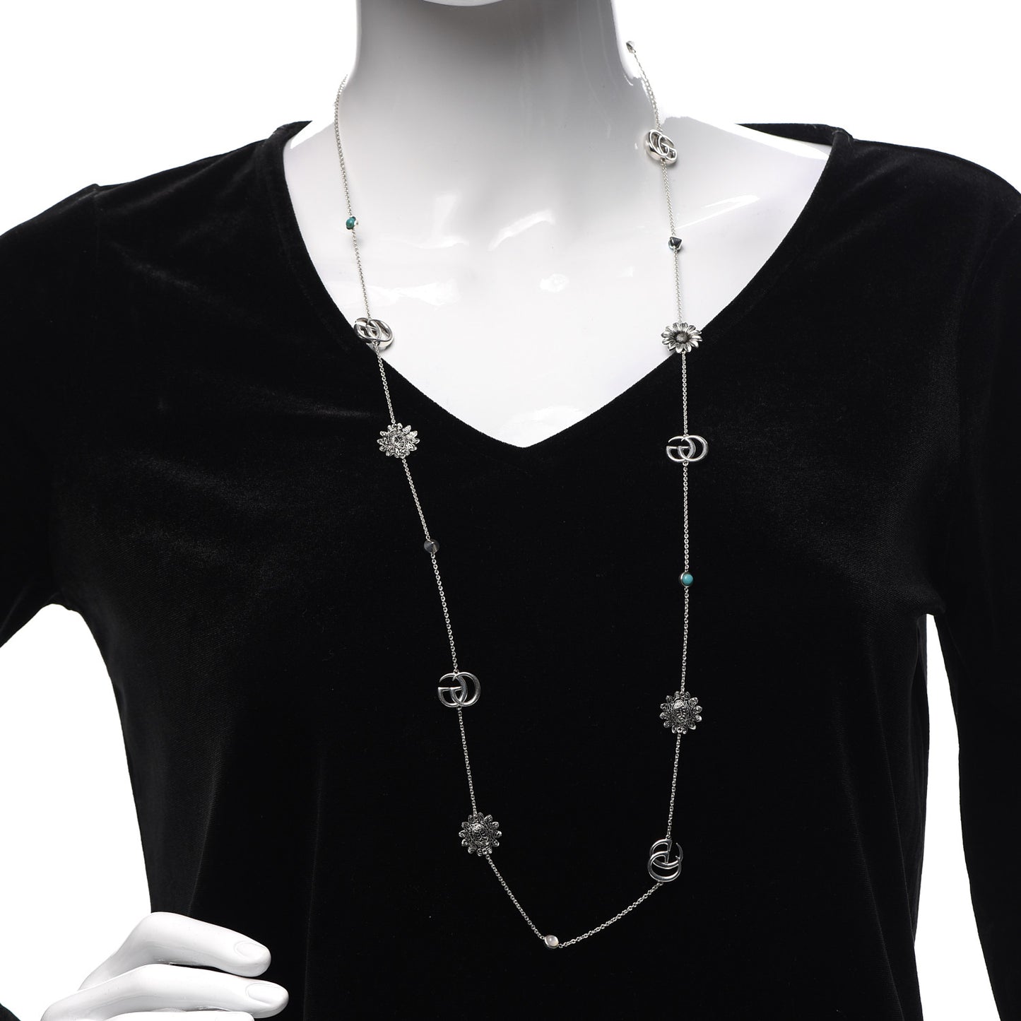 Sterling Silver Mother of Pearl Topaz GG Marmont Flower Station Necklace