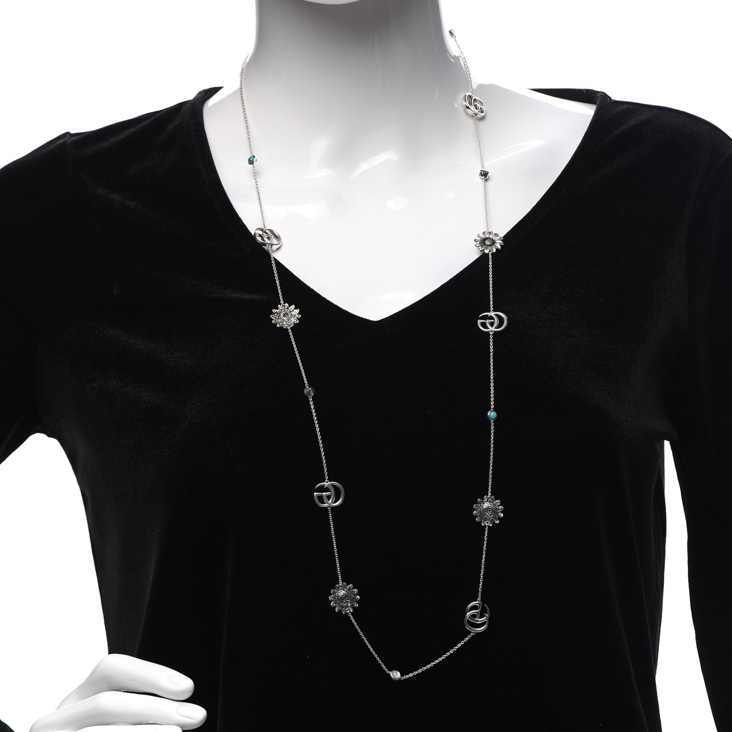 Gucci Sterling Silver Mother of Pearl Topaz GG Marmont Flower Station Necklace 2 of 5