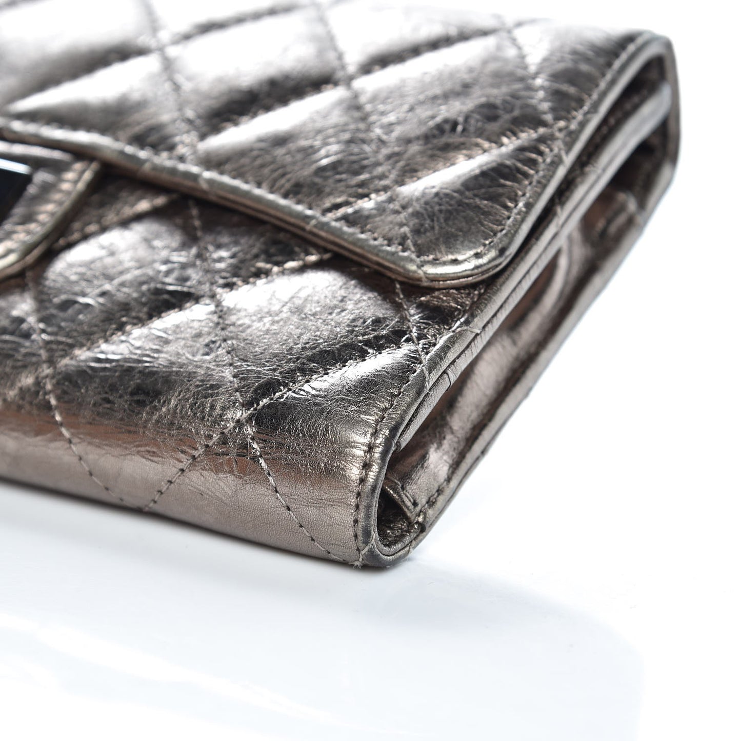 Metallic Aged Calfskin Quilted Reissue Long Flap Wallet Silver
