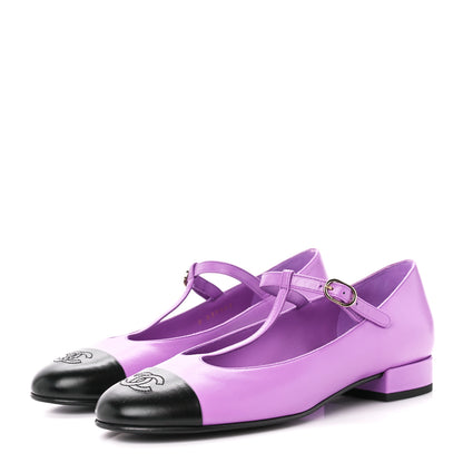 Chanel Calfskin Cap Toe T Strap CC Flats 38 Purple Black 3 of 9